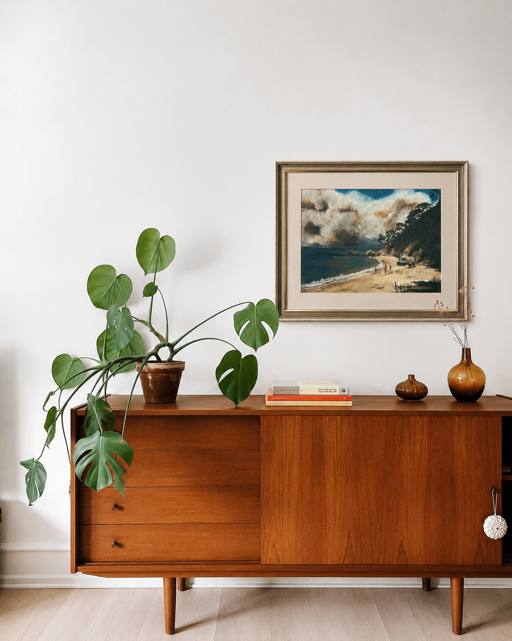 Original pastel drawing, Eden coast, bush fire, framed vintage Australian landscape artwork
