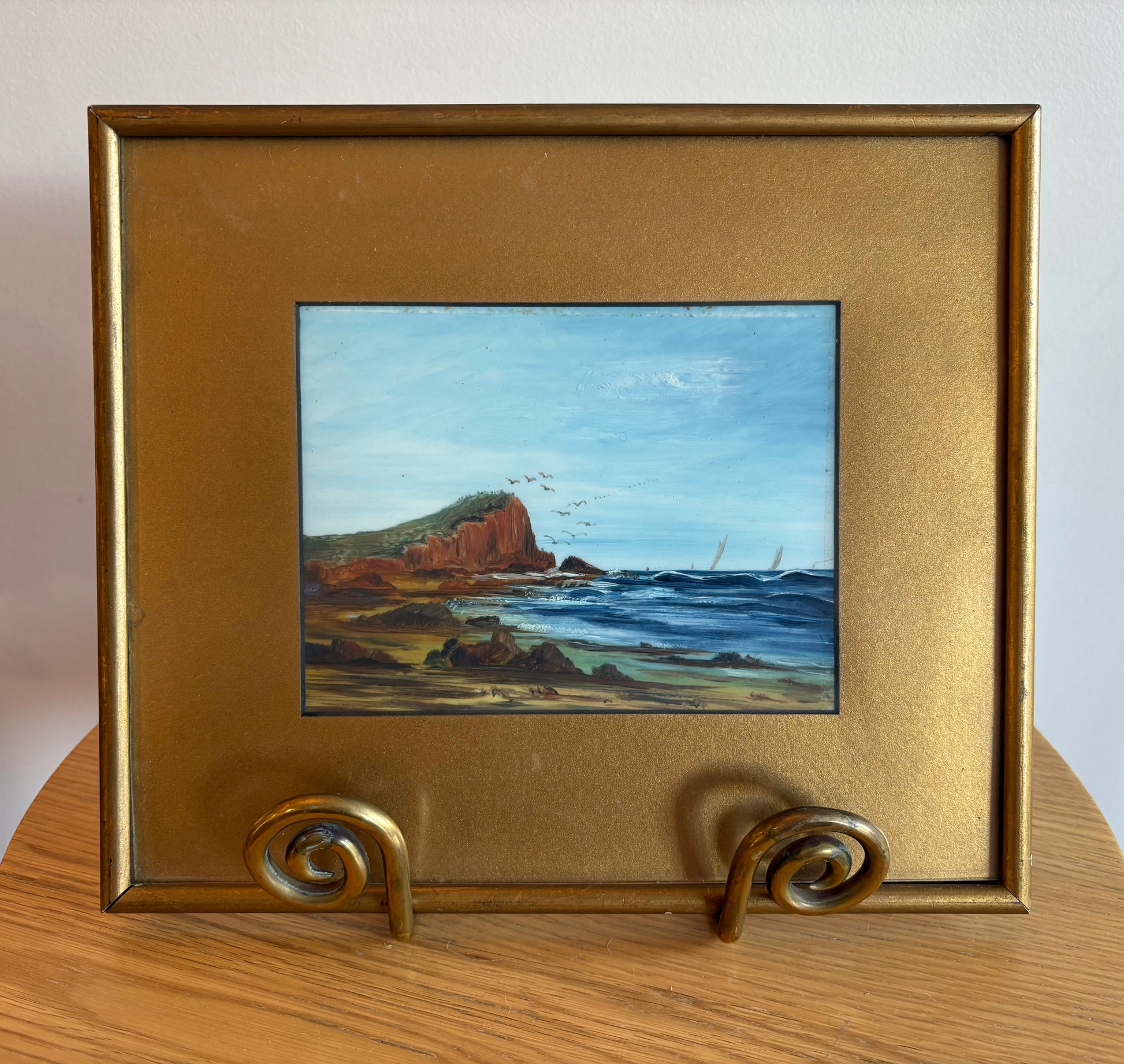 Antique original painting on white glass, coastal landscape scene, yacht, framed vintage art