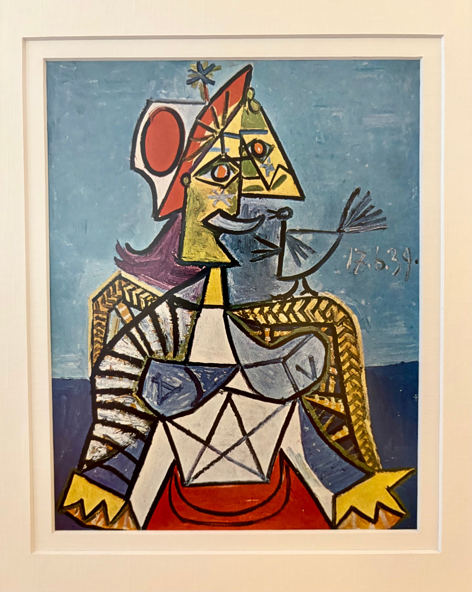 1960s Picasso print, portrait, vintage framed art, “Woman with Bird”, Mid Century