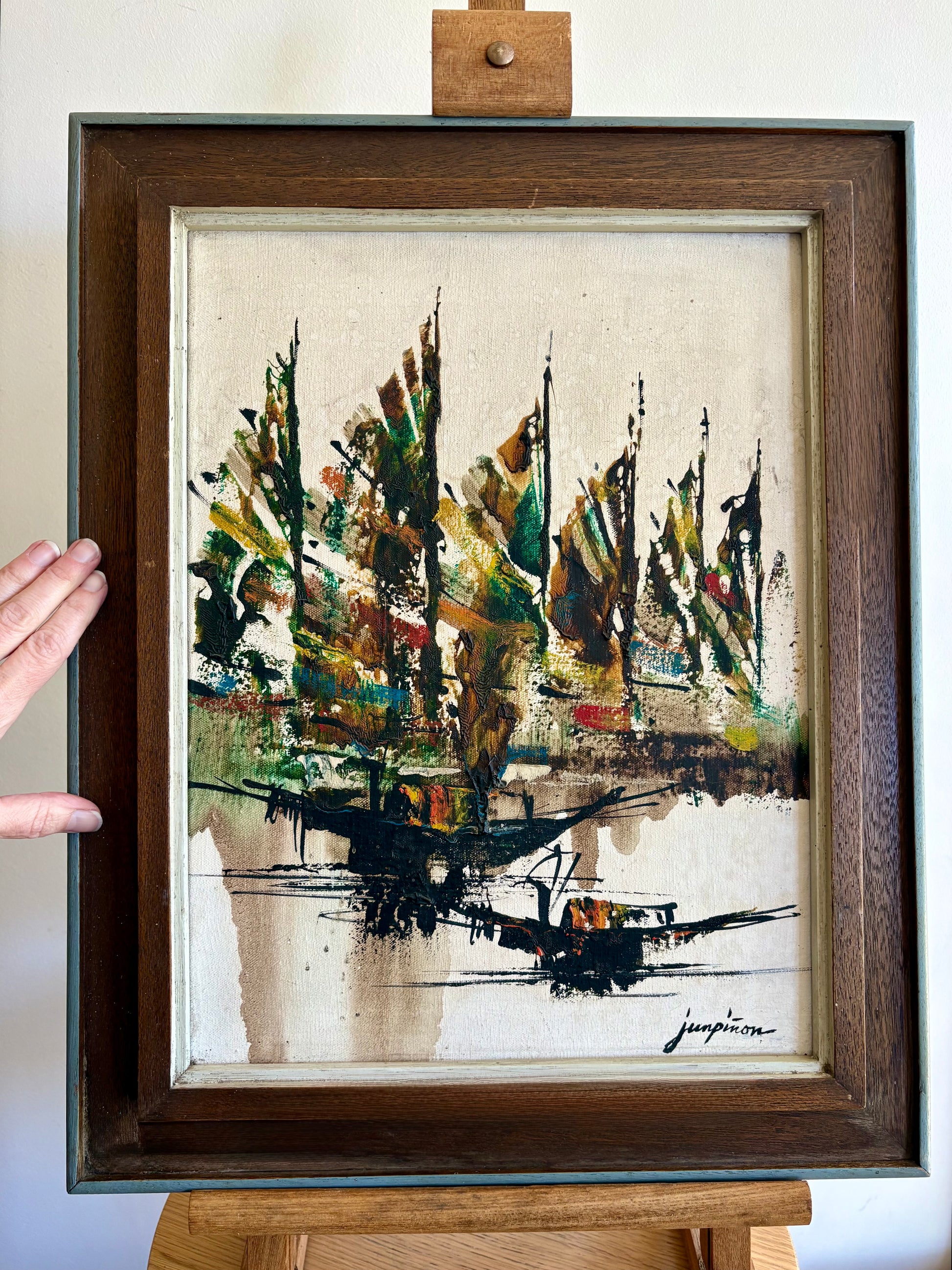 Vintage original painting on canvas, Perfecto Pinon, signed framed artwork, Modernist art