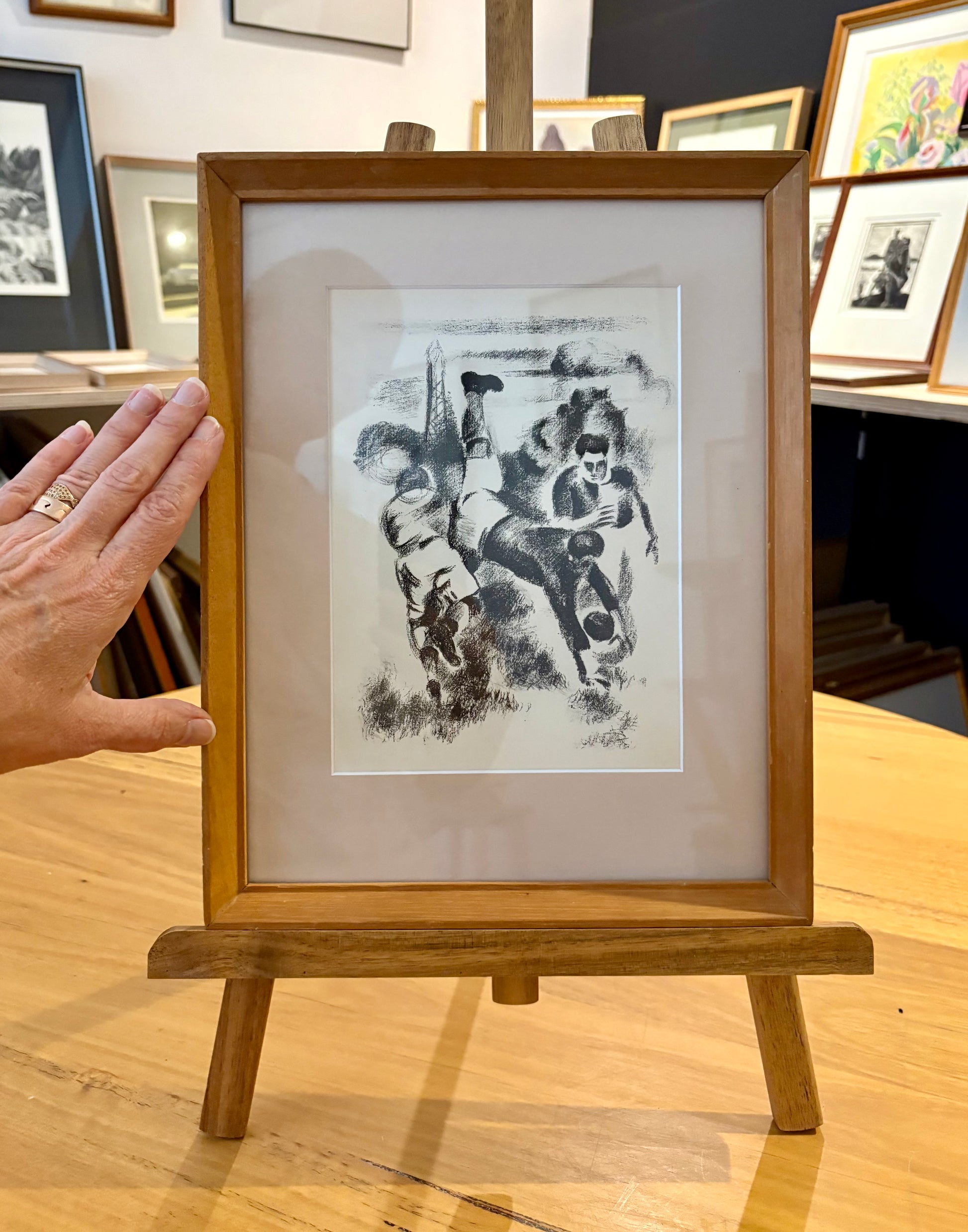 1928 antique lithographic print, football, Robert Delaunay, Paris, framed art