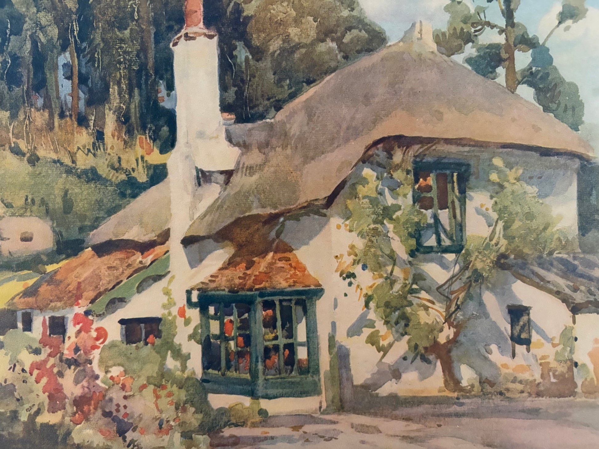 Mid Century print, cottage, Harold Power, gilt frame