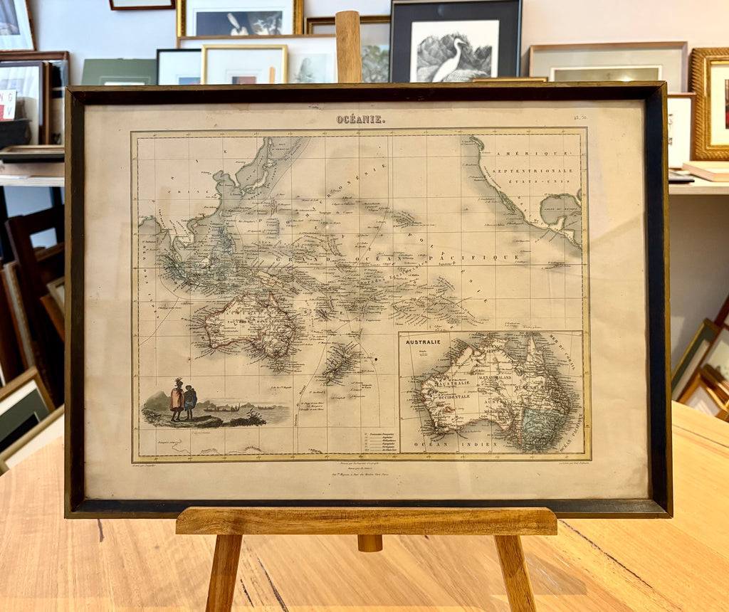 1878 antique map of Australia and surrounds, engraved, hand coloured, French, vintage framed
