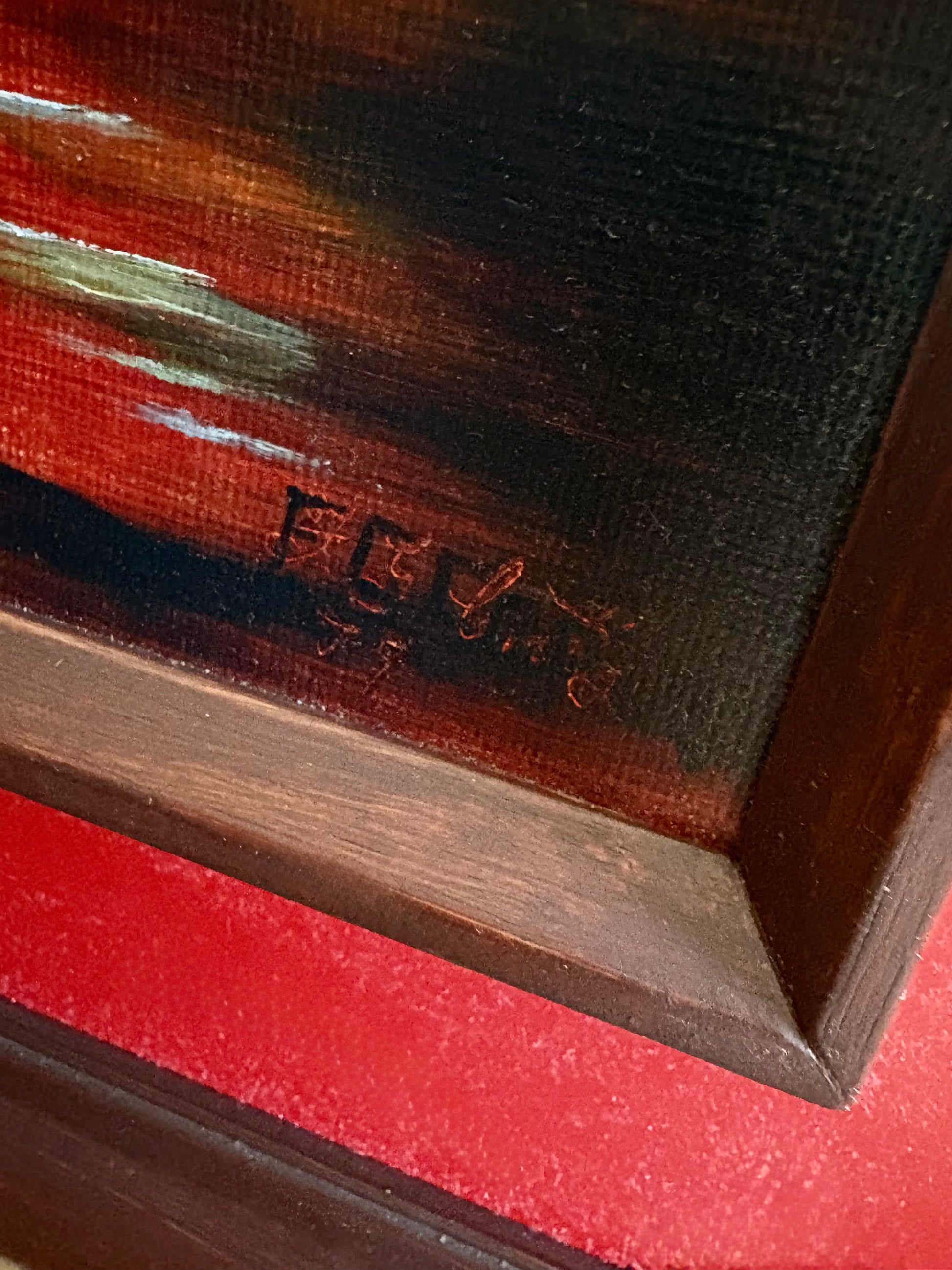 1970s original painting, retro, signed, fishing boat, sunset, framed art