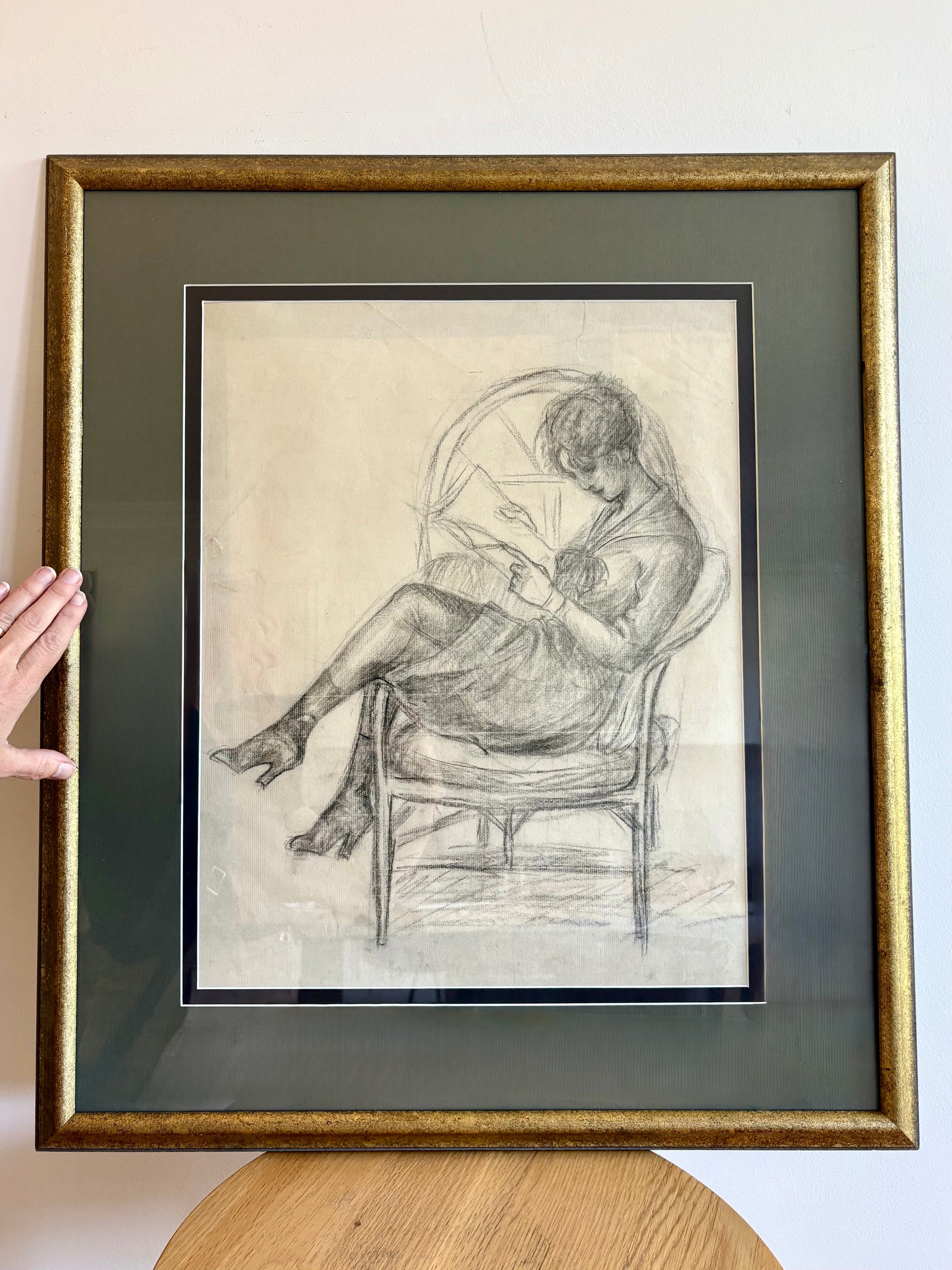 Original antique drawing, sketch, portrait, framed vintage art