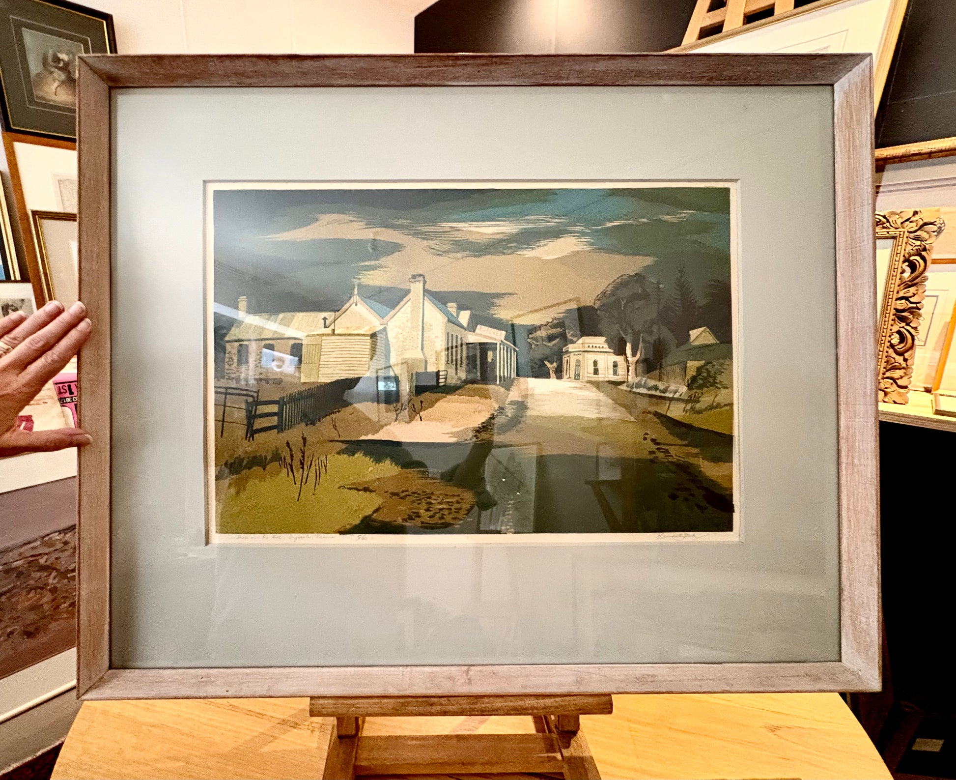 Large Mid Century original colour lino print, limited edition, Drysdale, Kenneth Jack, framed art