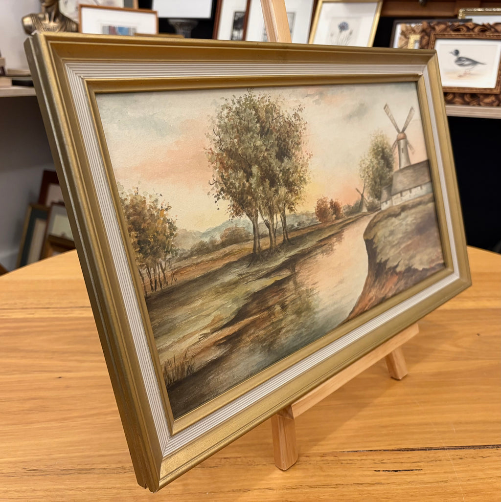 1920 Antique signed watercolour painting, N. Guest, Windmills, framed art