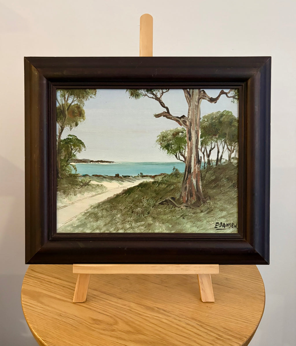 Original Australian landscape painting, vintage framed art, beach