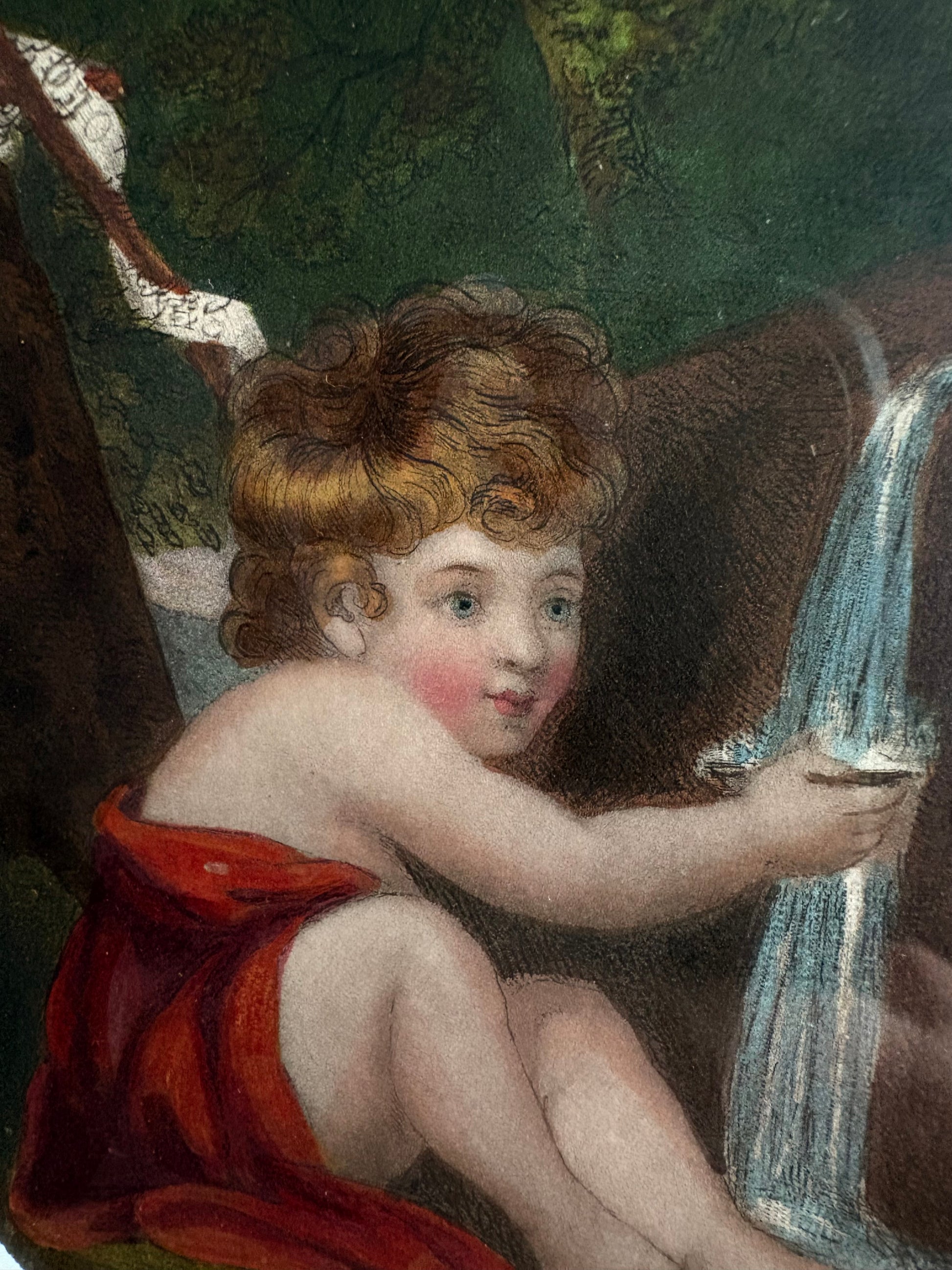 1830s genuine Baroque antique lithographic print, cherub, framed art