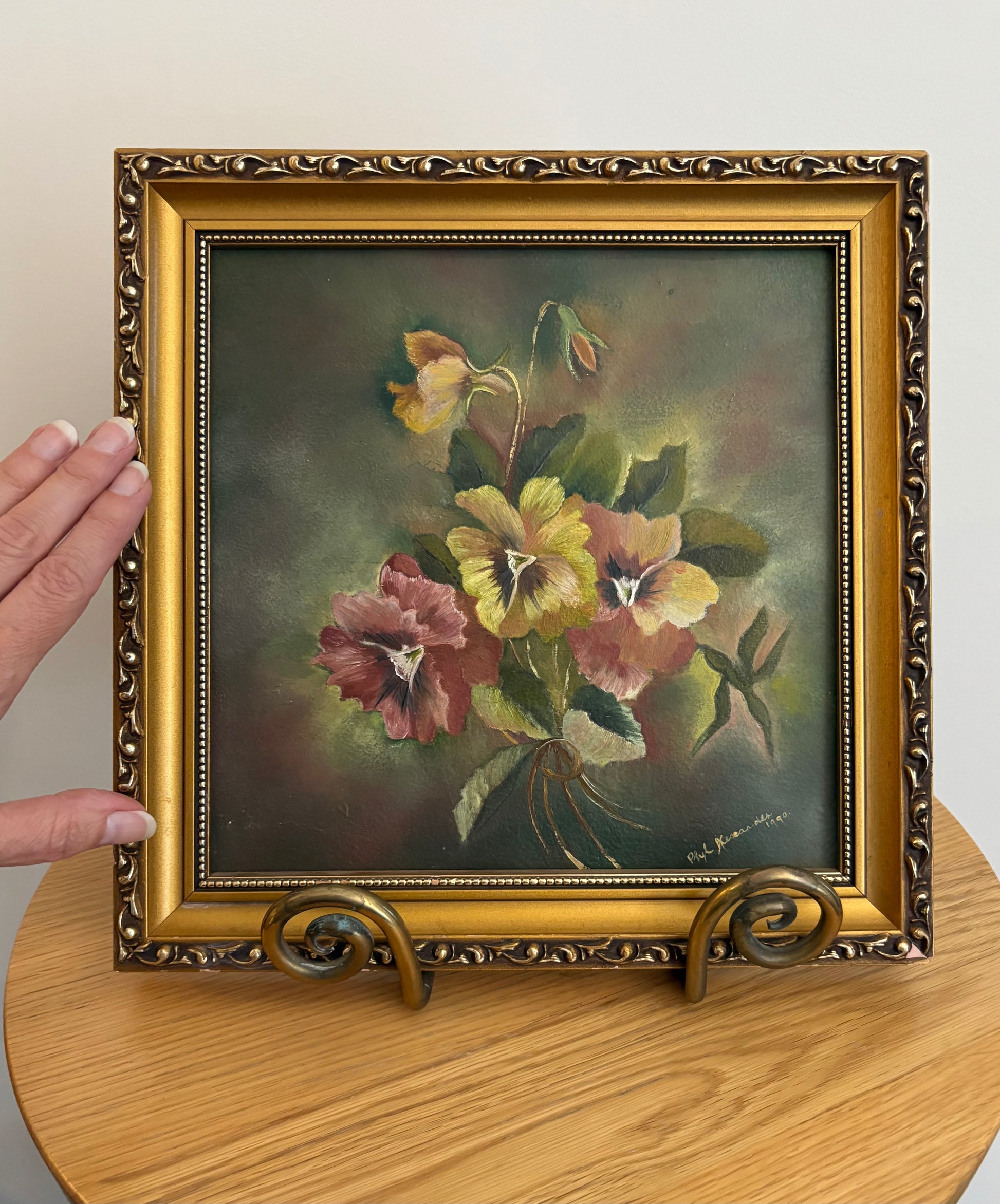 Original oil painting on board, signed, “Pansies”, vintage framed art