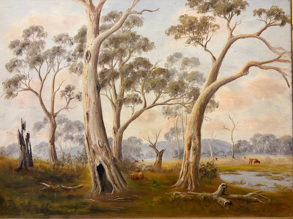 Large antique original oil painting, John Norton, Australian landscape, gilt frame