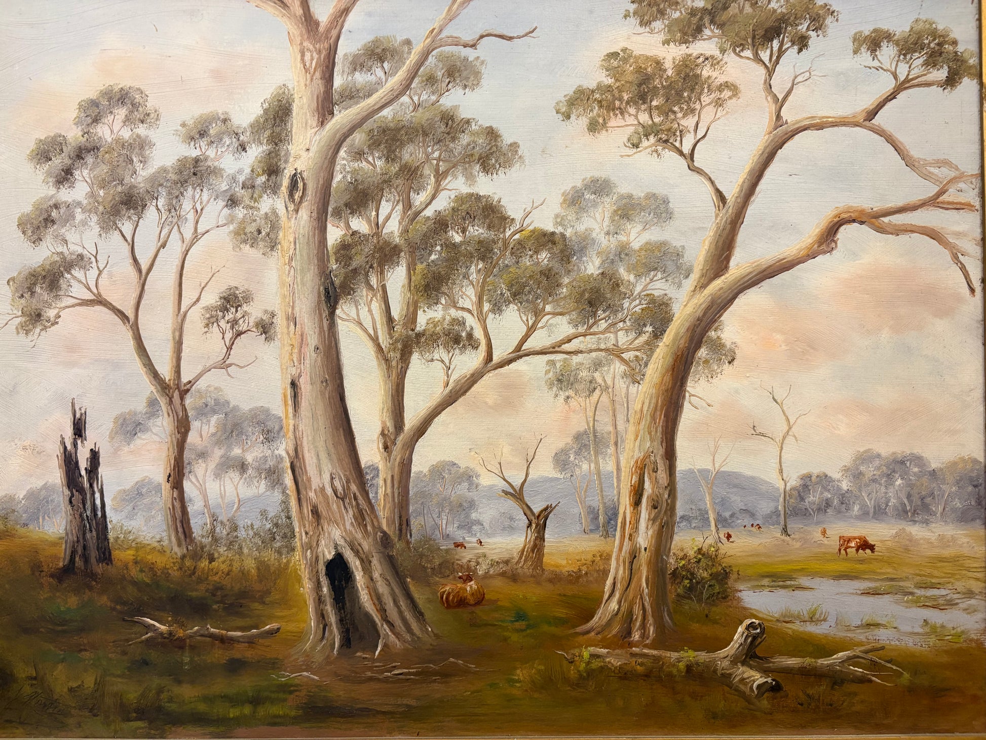 Large antique original oil painting, John Norton, Australian landscape, gilt frame