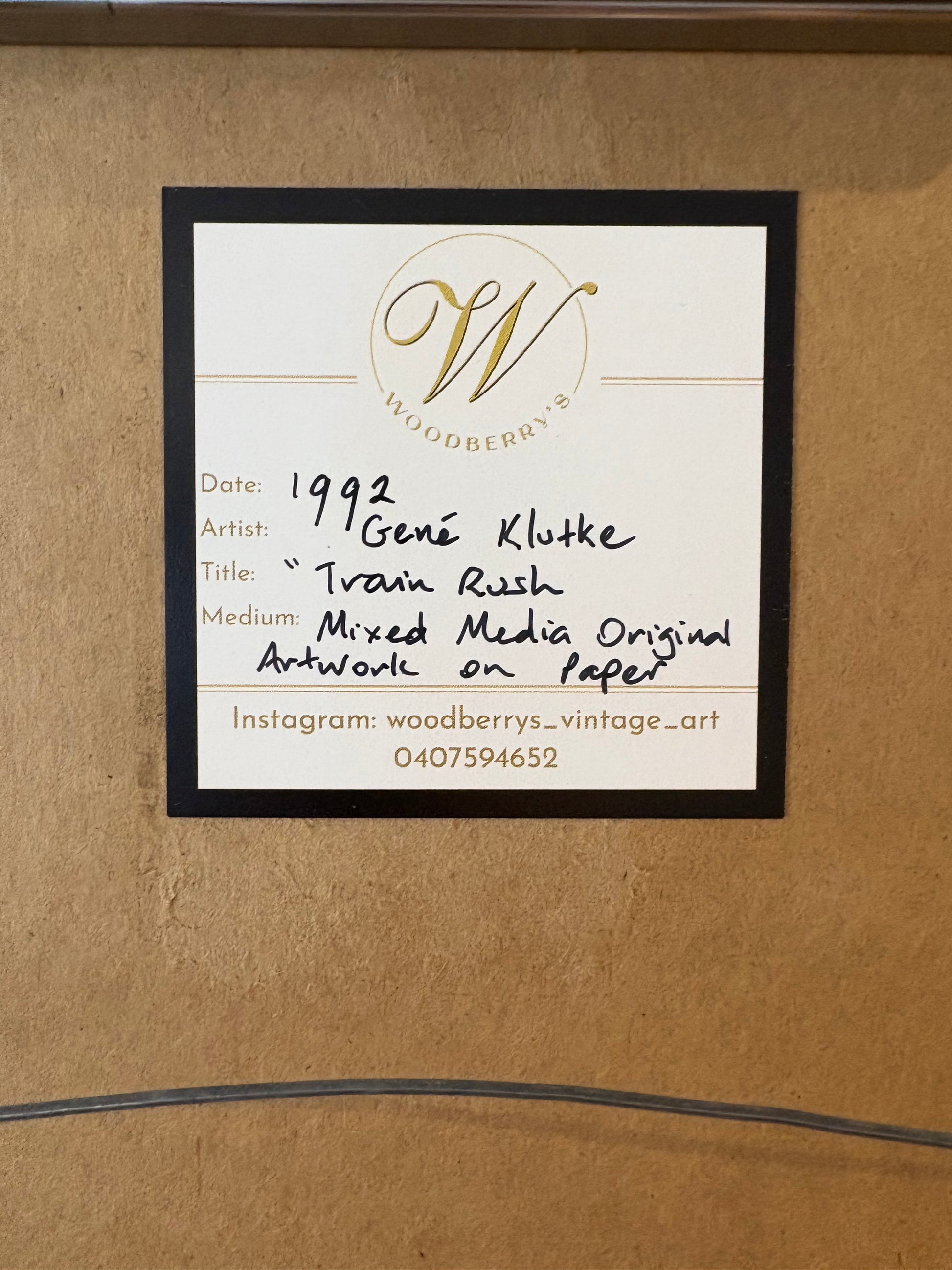 Original mixed media painting, signed, “Train Rush”, 1992, framed vintage art