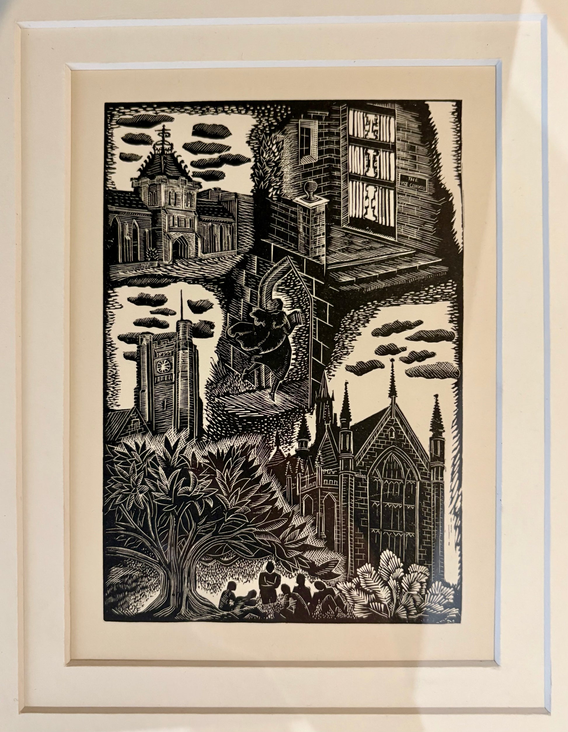 Original Helen Ogilvie woodblock print "Melbourne University", framed art, Architecture, Australian artwork
