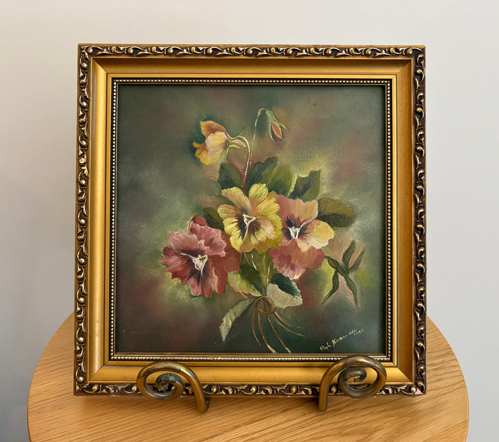 Original oil painting on board, signed, “Pansies”, vintage framed art