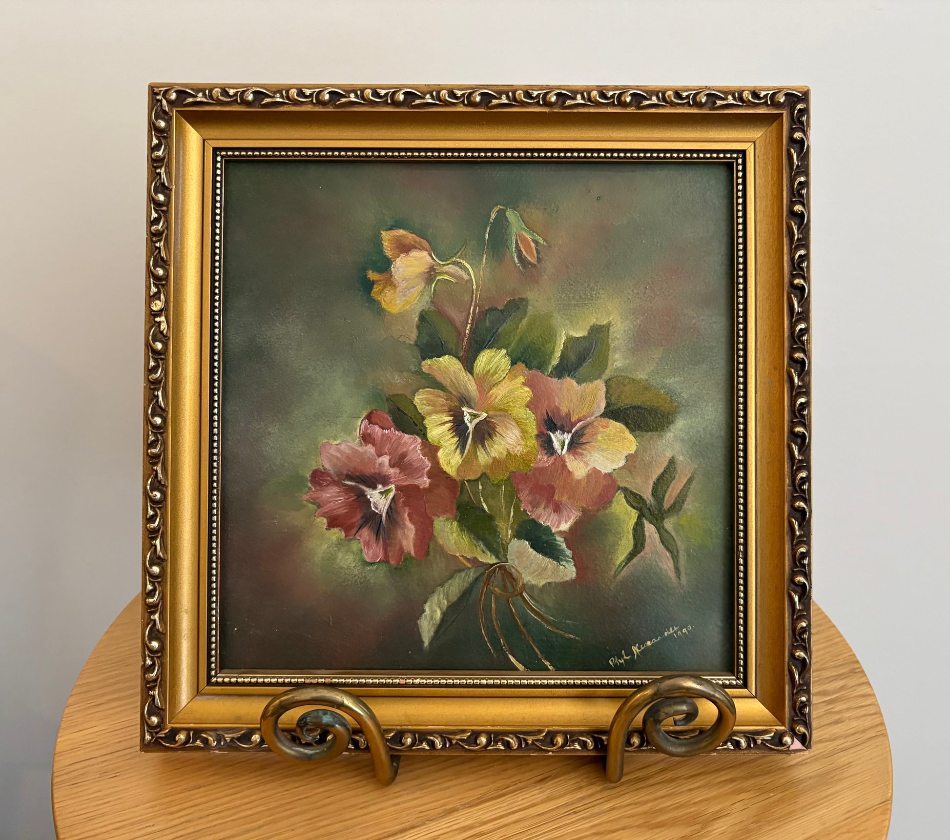 Original oil painting on board, signed, “Pansies”, vintage framed art