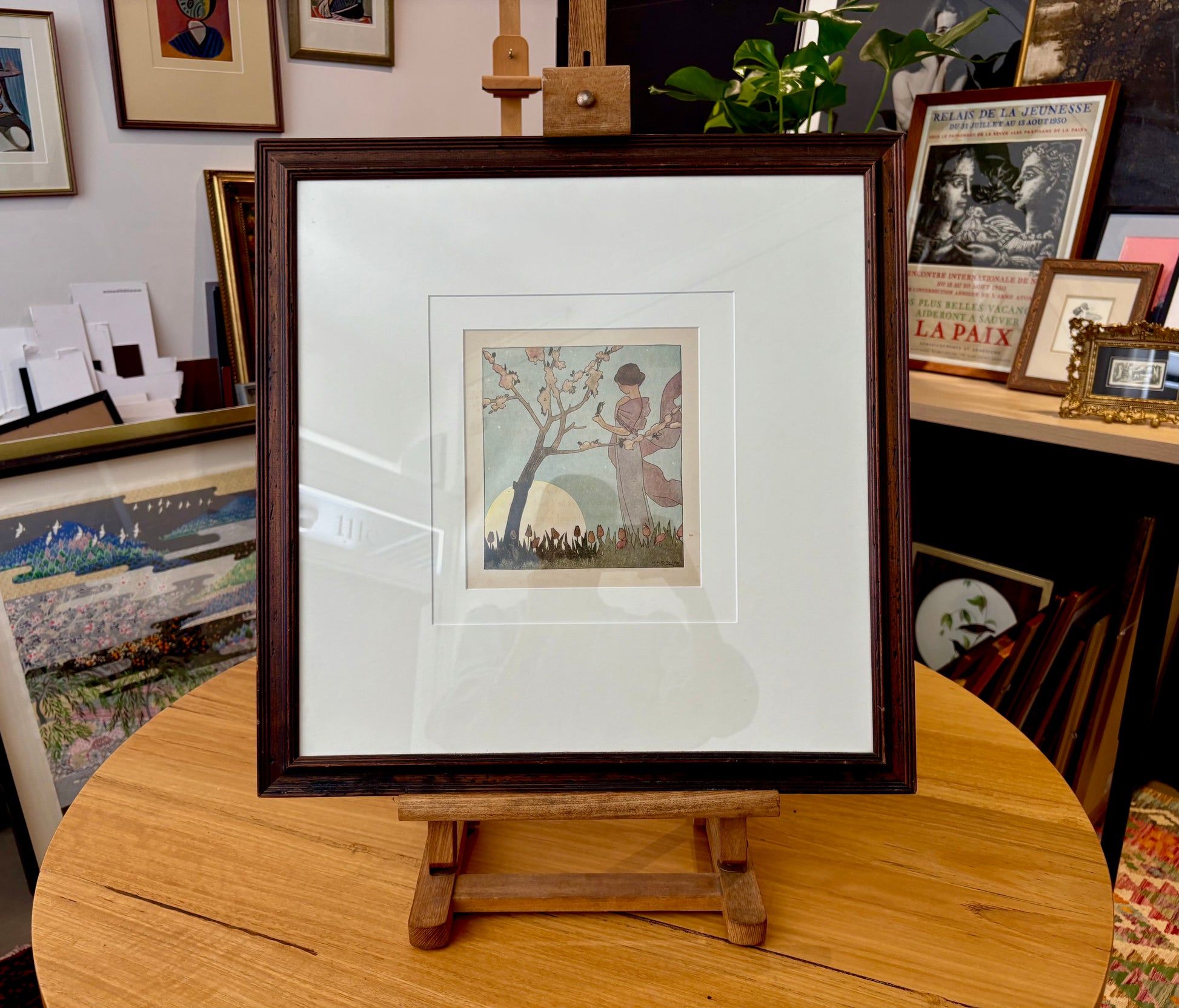 Rare original Art Deco woodblock print, 1911 antique, Maggie Salcedo, French framed art