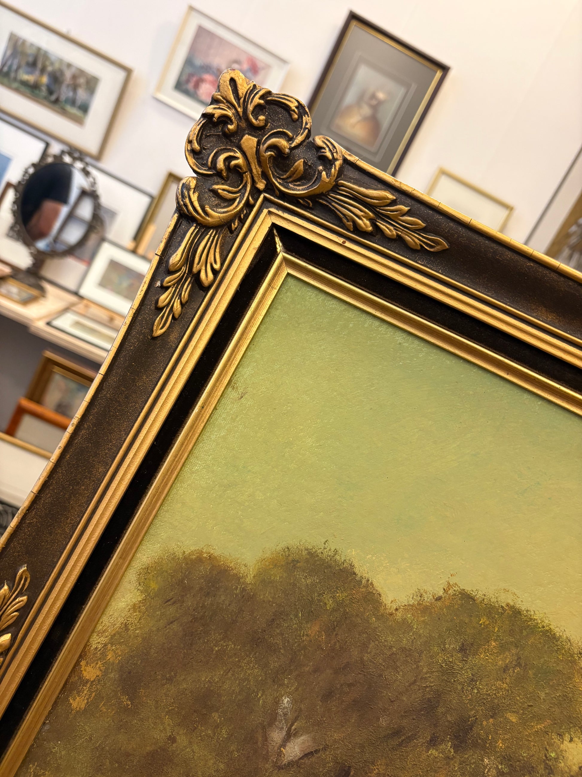 Antique original oil painting, village scene, ornate frame, signed framed art