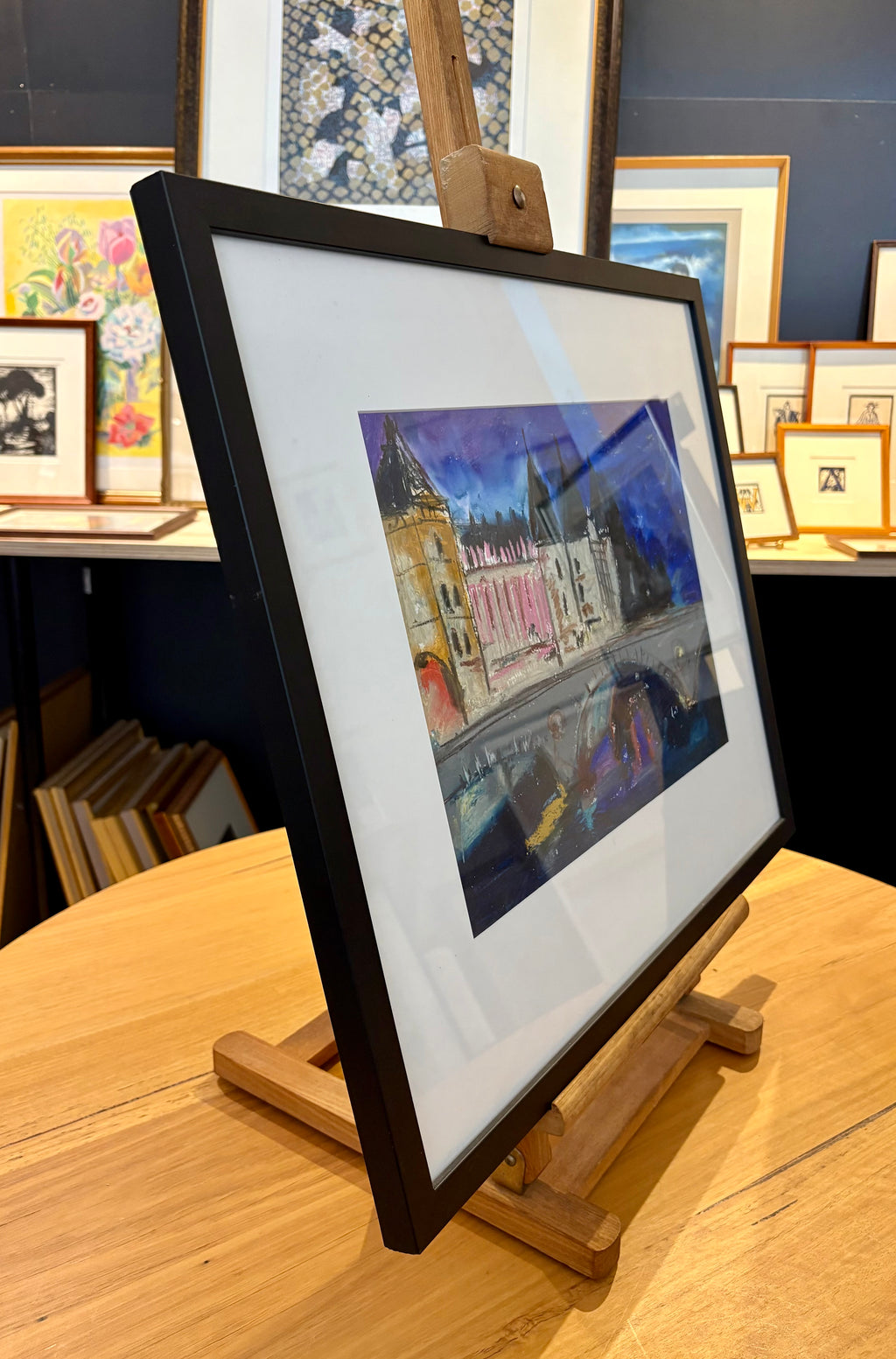 Original oil pastel, Paris, signed vintage framed art