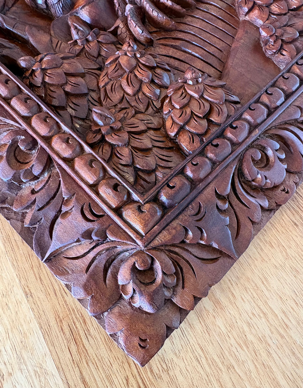 Traditional Balinese teak wood carving, harvest, vintage art