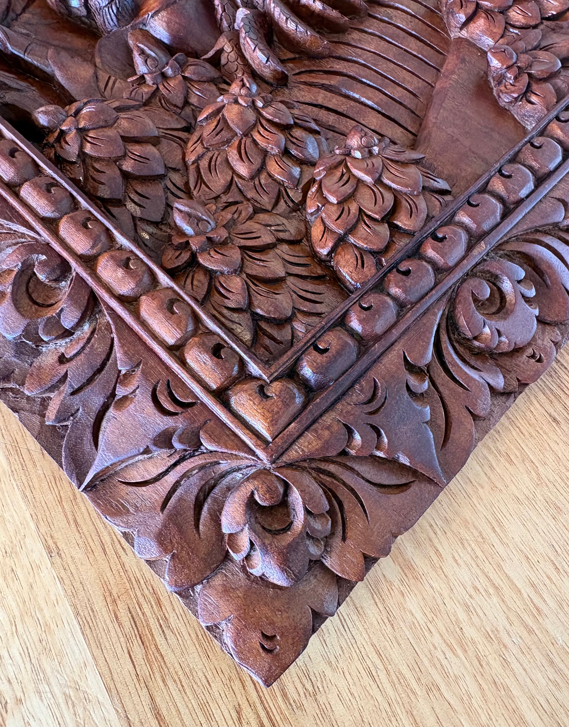 Traditional Balinese teak wood carving, harvest, vintage art