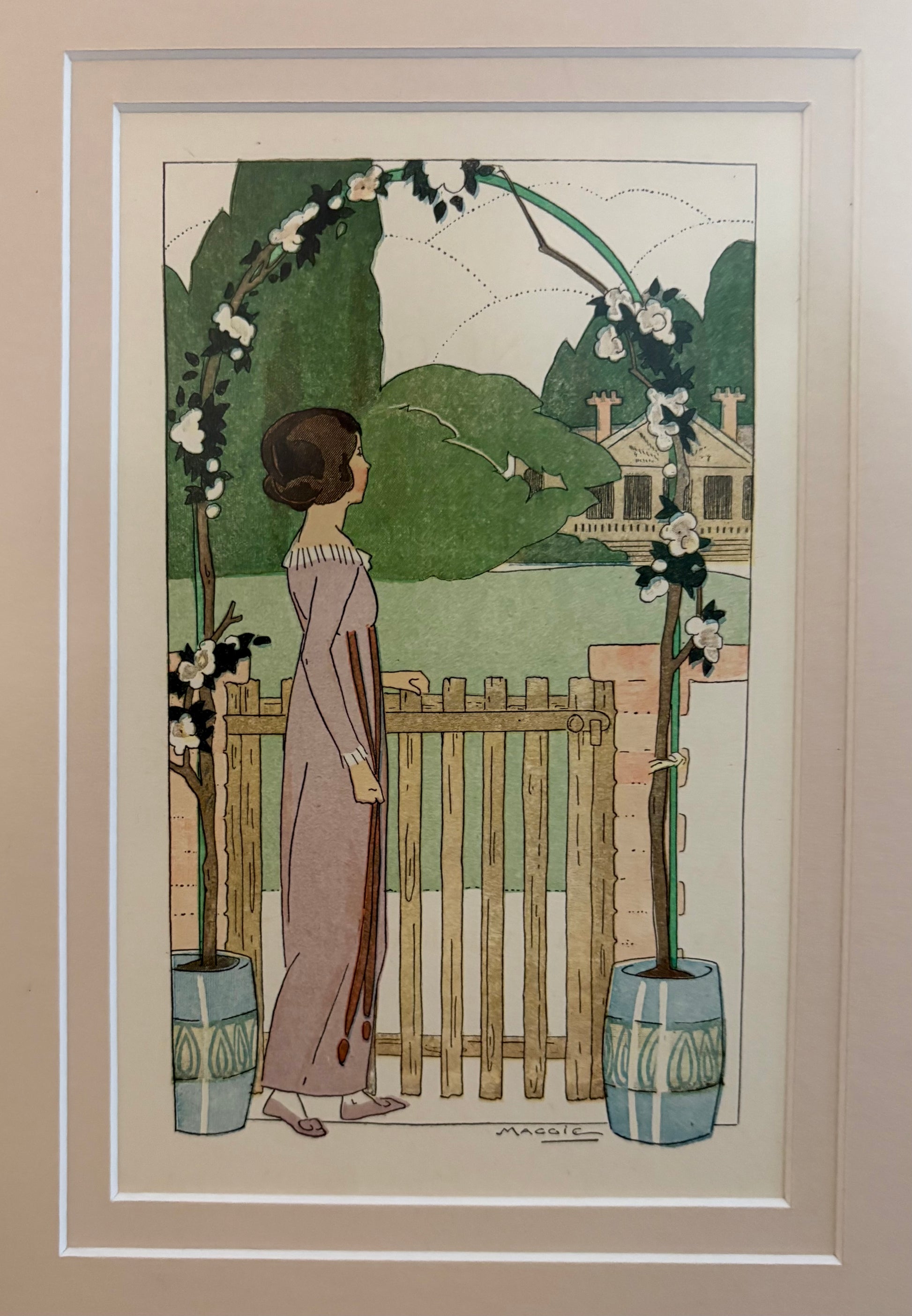 Rare original Art Deco woodblock print, 1911 antique, Maggie Salcedo, French framed art