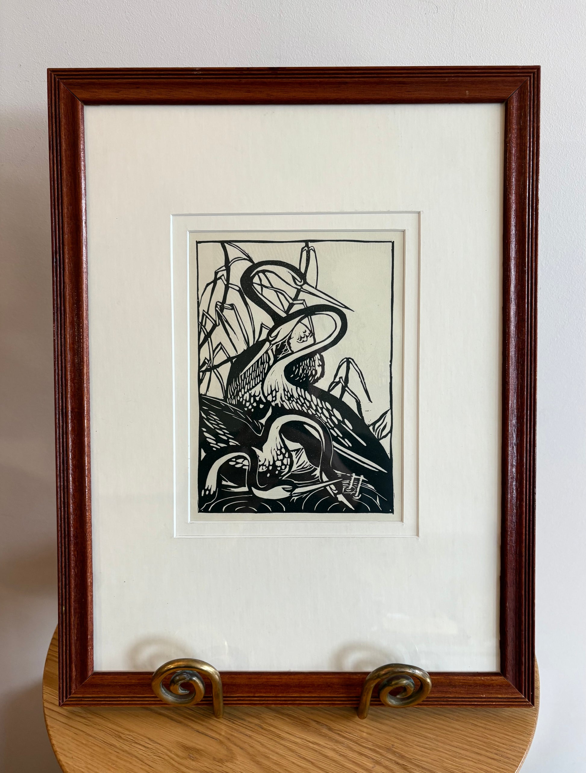 1934 Genuine vintage Betty Caddy bird print, "Snakebirds," Art Deco, cranes, framed wall art