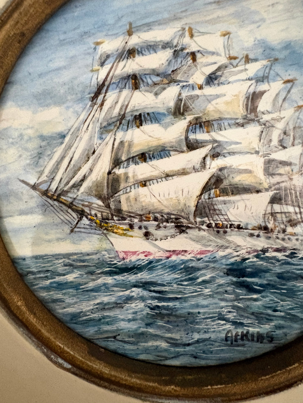 Pair of original hand painted ceramic ship artworks, signed, framed, vintage