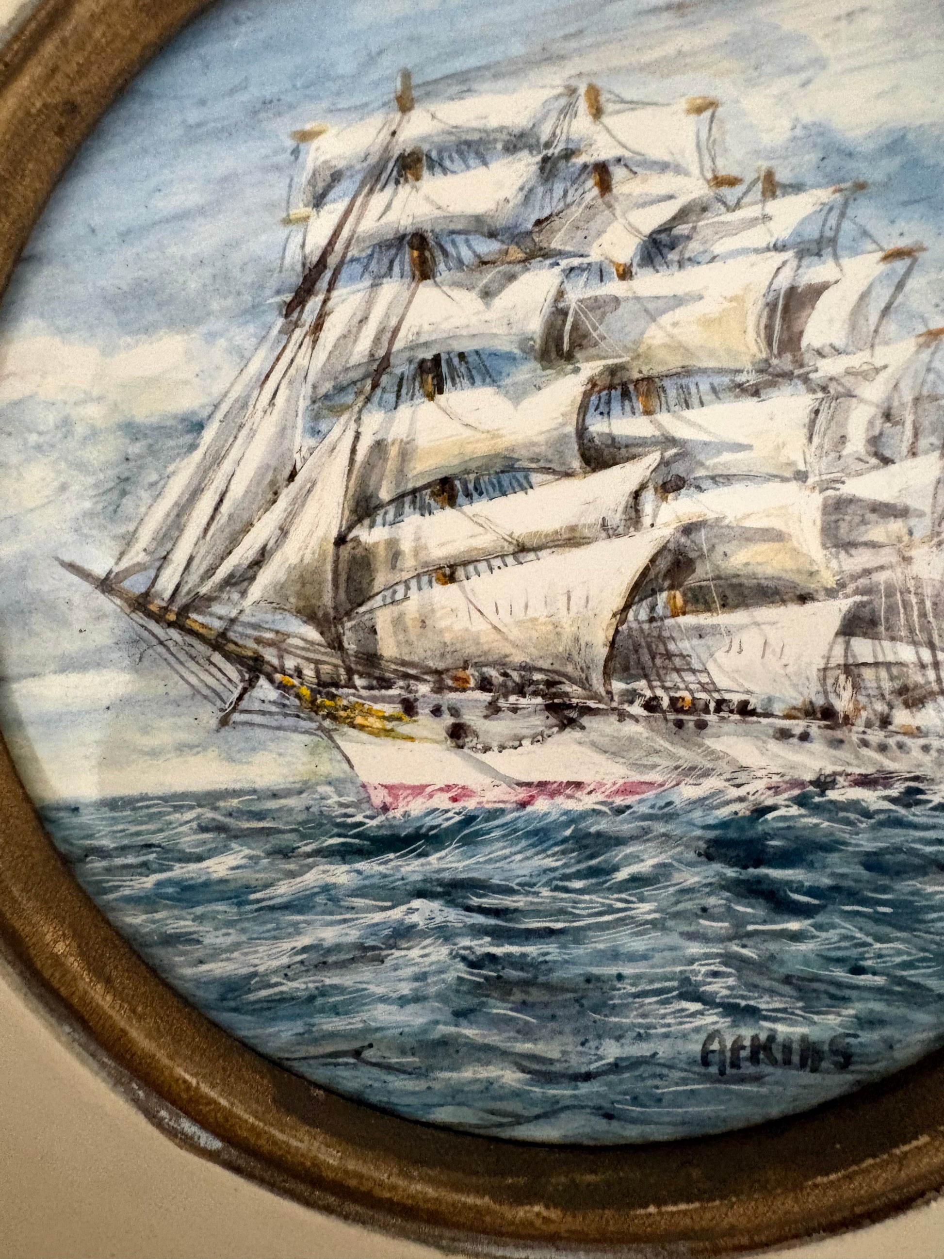 Pair of original hand painted ceramic ship artworks, signed, framed, vintage