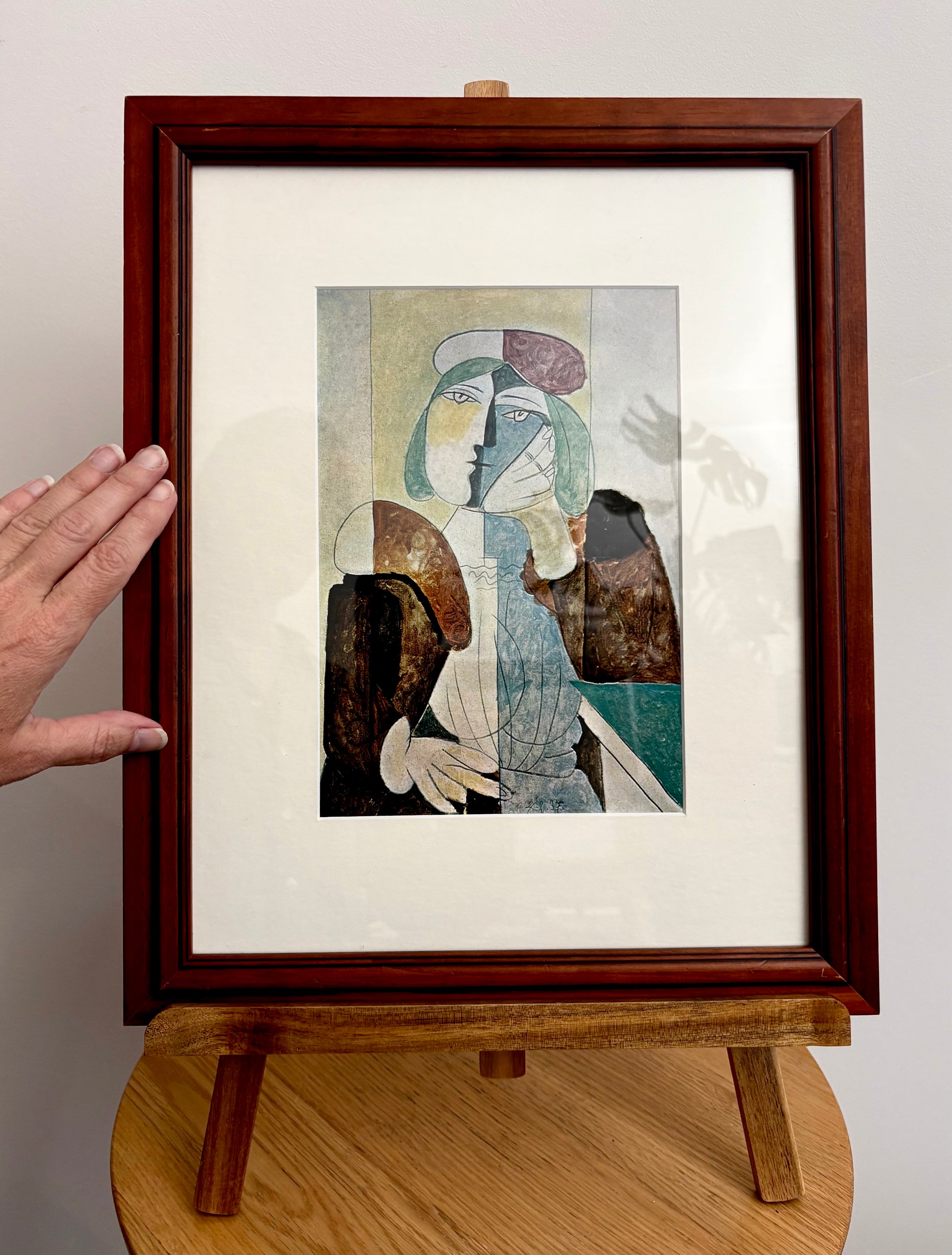 1960s Picasso print, portrait, vintage framed art, “Woman with Red Beret” Mid Century