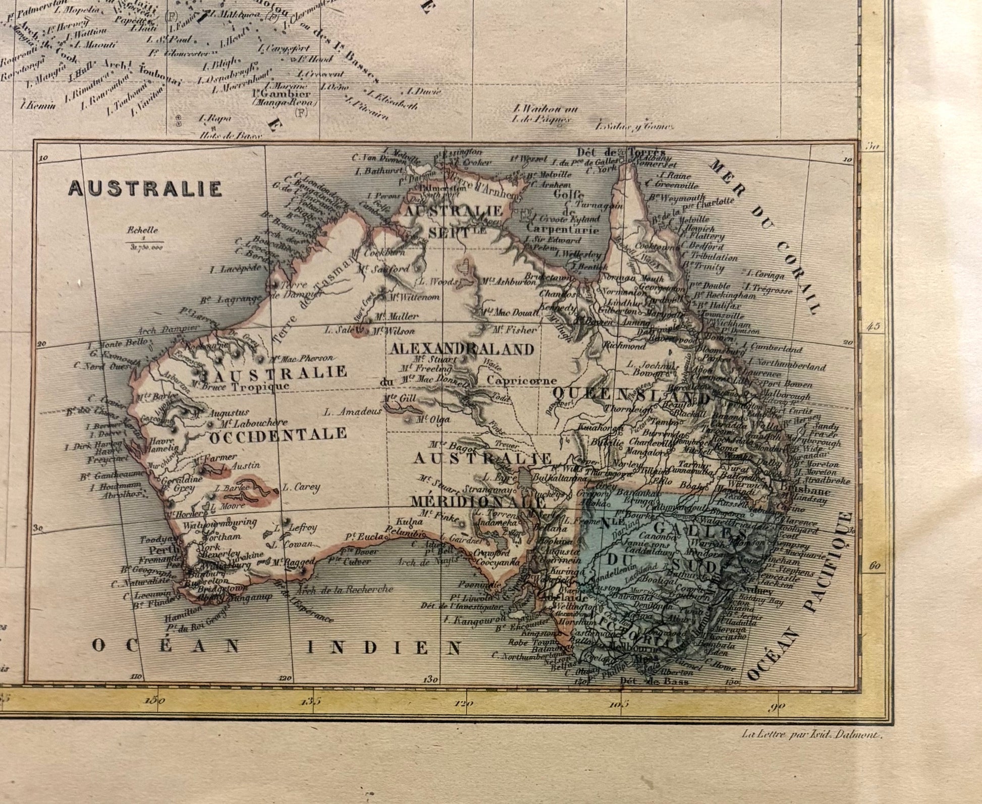 1878 antique map of Australia and surrounds, engraved, hand coloured, French, vintage framed