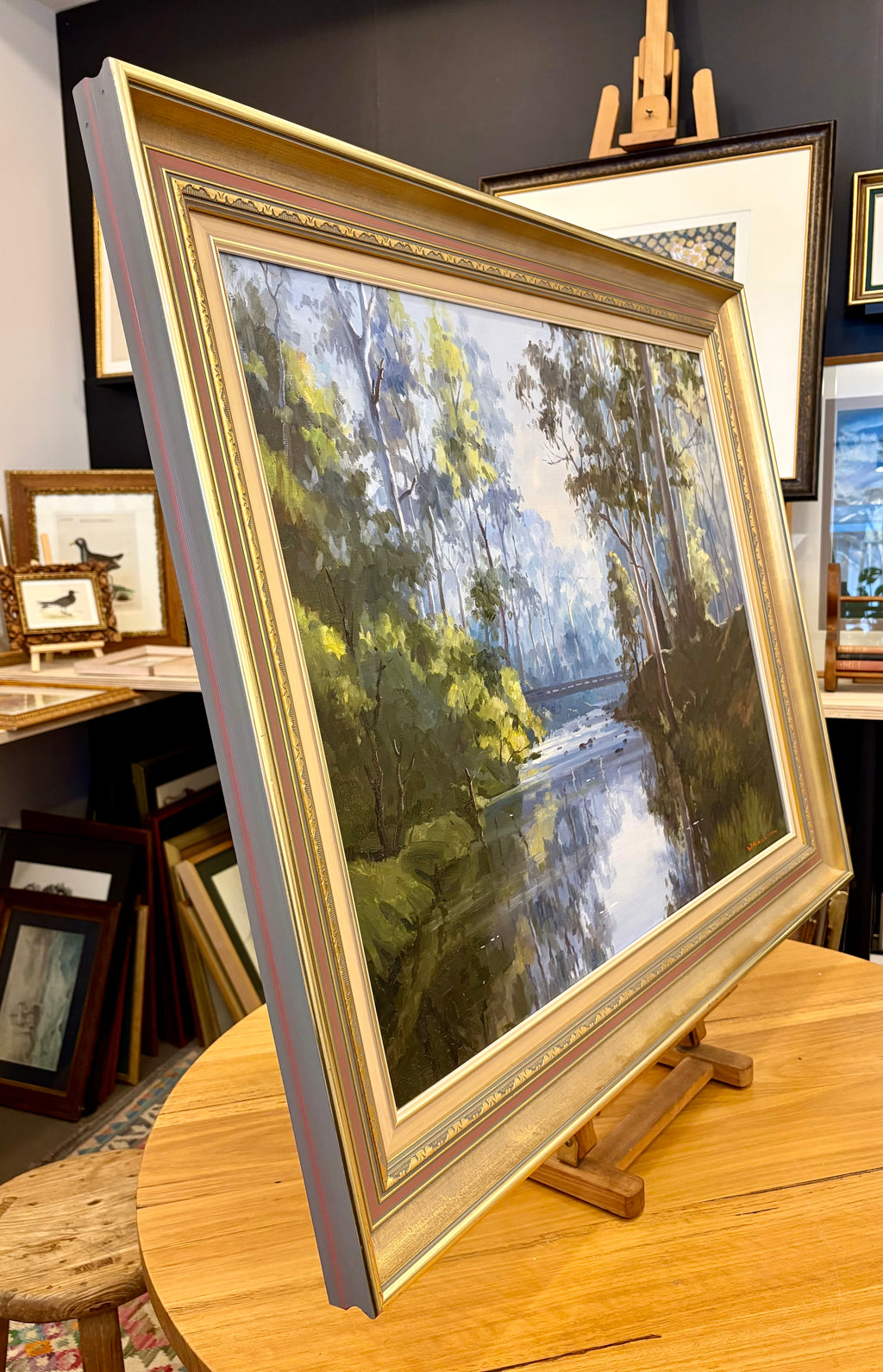 Large original oil painting on linen, Walter Magilton, “Sheepyard Flat”, vintage framed art