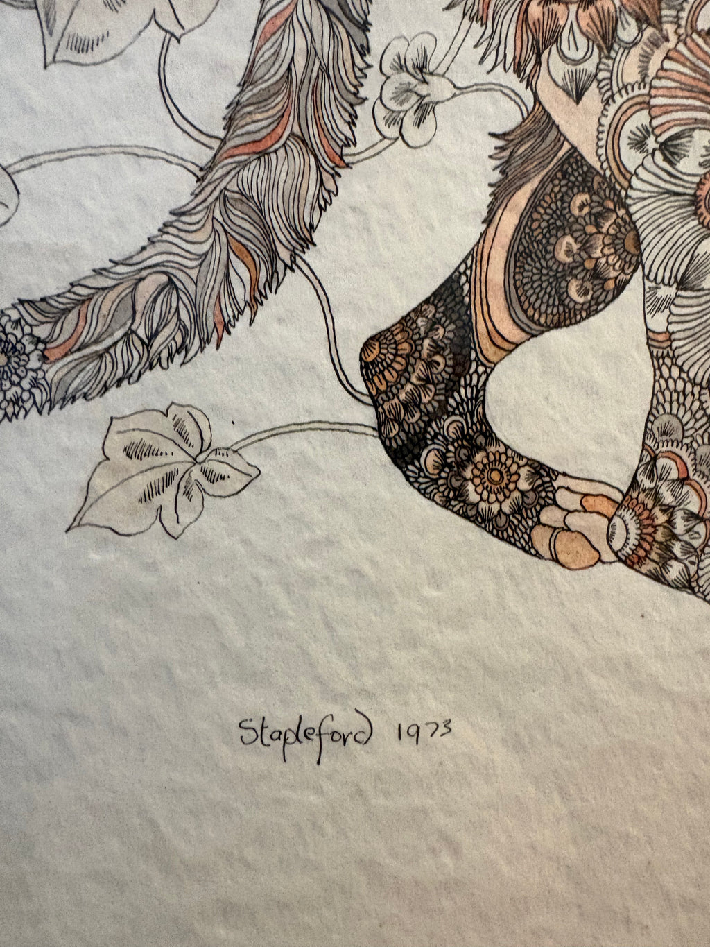 Original 1973 Jane Stapleford drawing with ink wash, fantasy, retro framed art