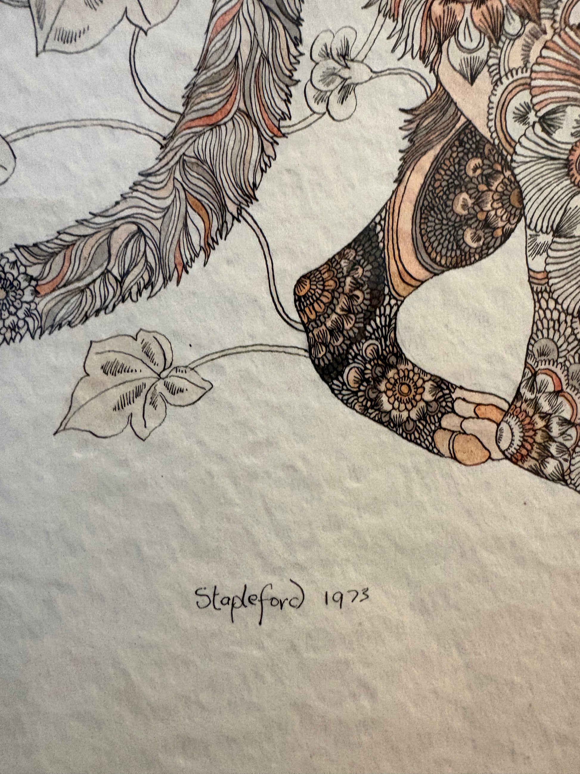 Original 1973 Jane Stapleford drawing with ink wash, fantasy, retro framed art