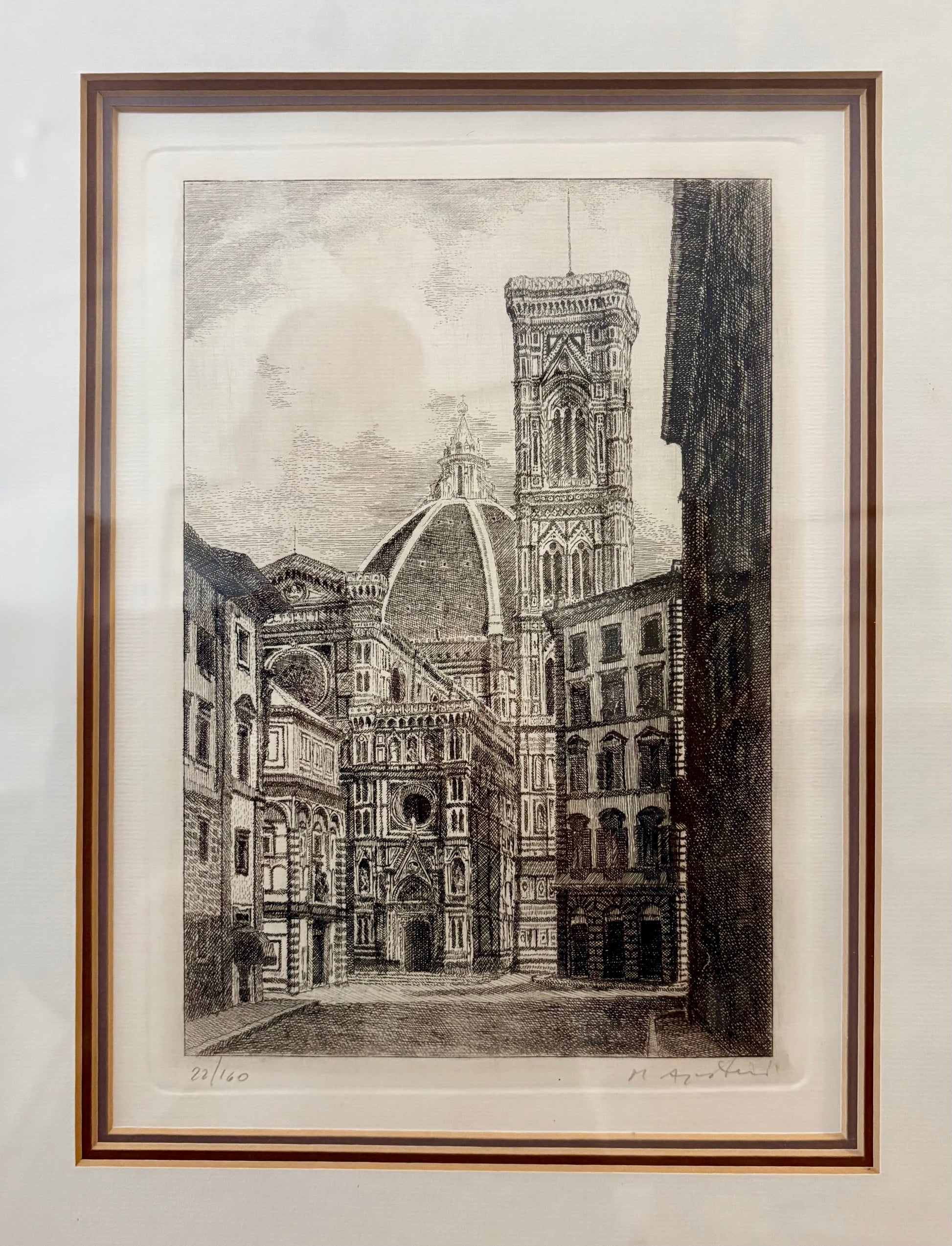 Signed original etching, Florence, framed vintage art