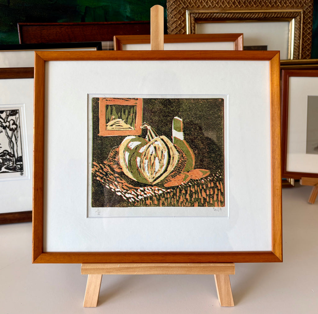 Vintage Lino print, still life, pumpkin, signed limited edition framed art