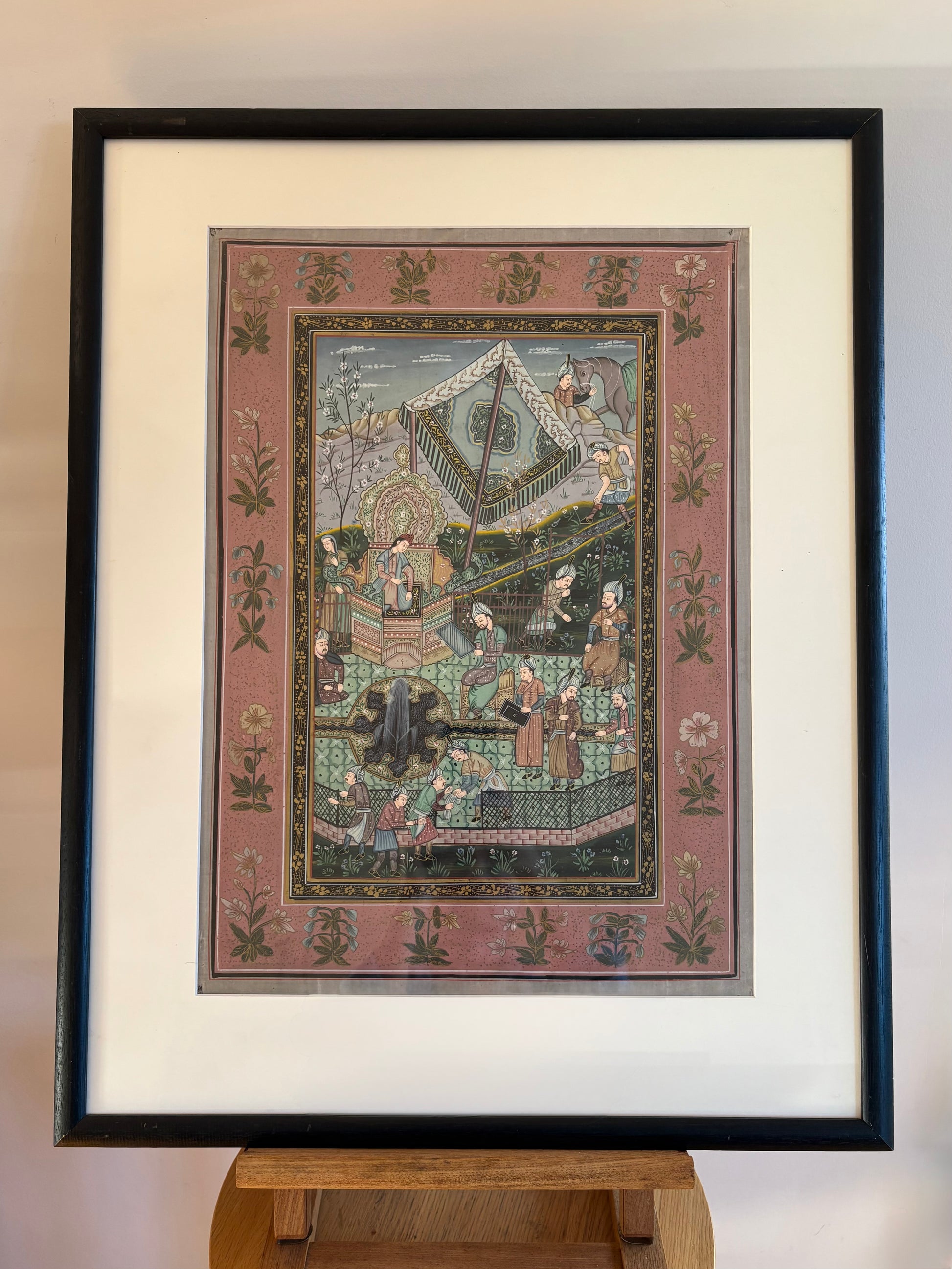 Antique Persian original painting on silk, circa 1900s, Mughal, framed art