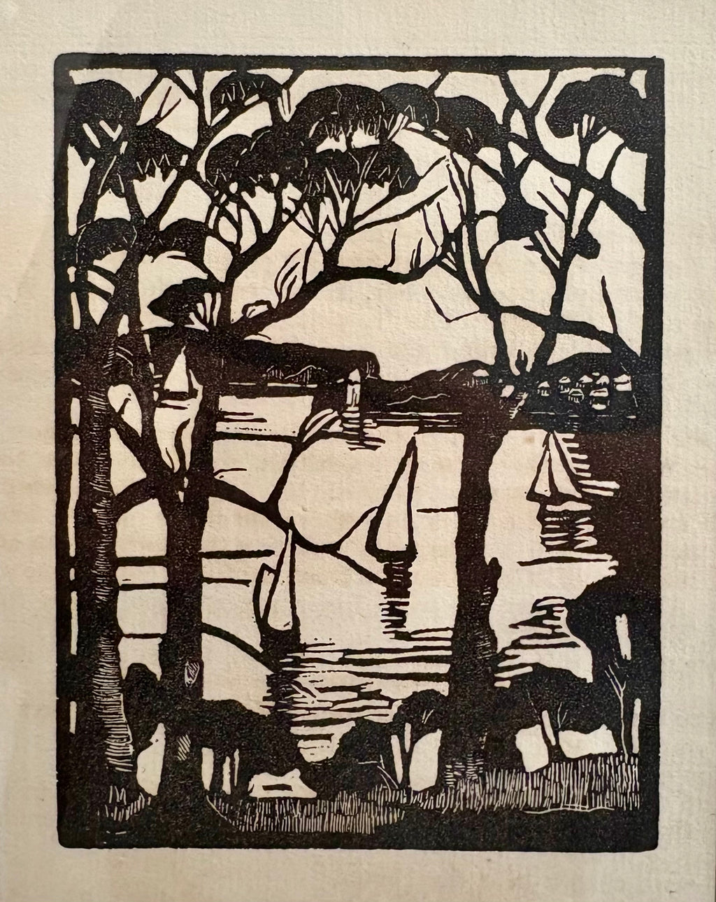 1926 Antique Margaret Preston print, "Sydney Heads," framed vintage art