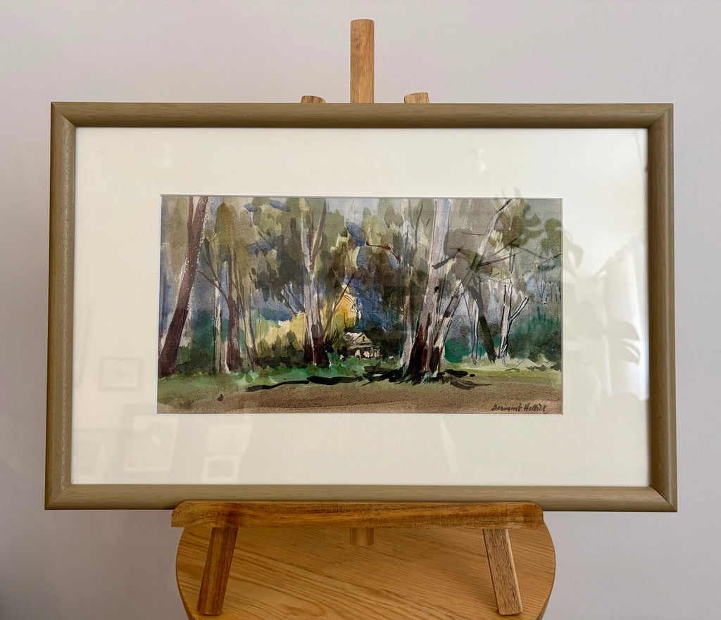 Mid Century original watercolour painting, Dermont Hellier, Australian bush, framed art
