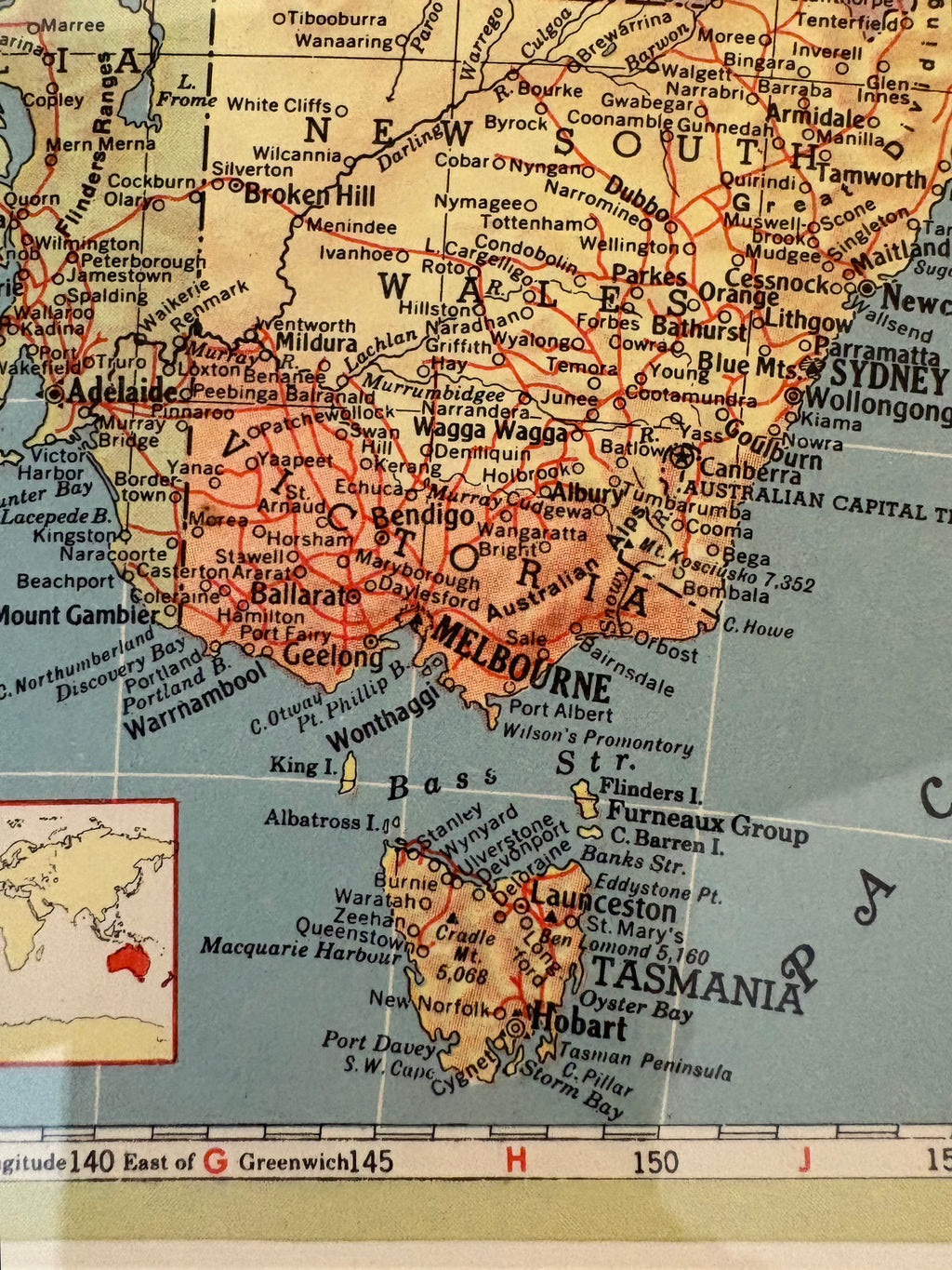 1950s vintage mid century framed map of Australia