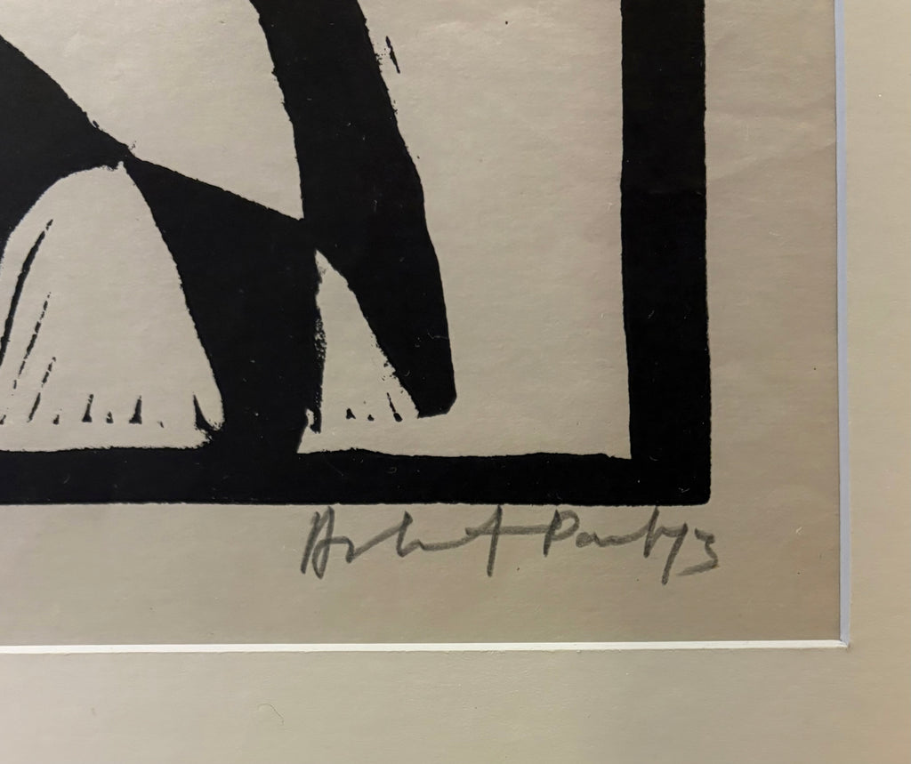 Large 1973 original linocut artwork, Ashit Paul, mythical, vintage framed art