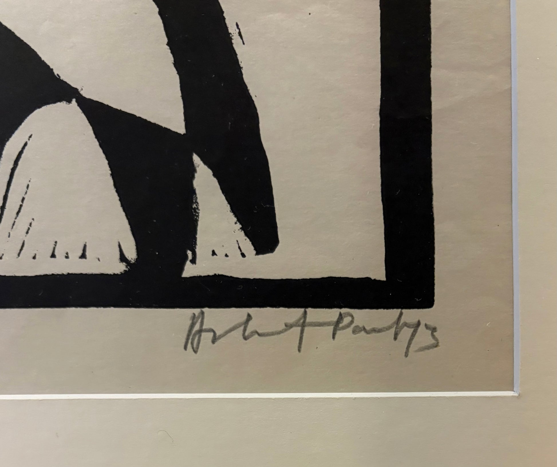 Large 1973 original linocut artwork, Ashit Paul, mythical, vintage framed art