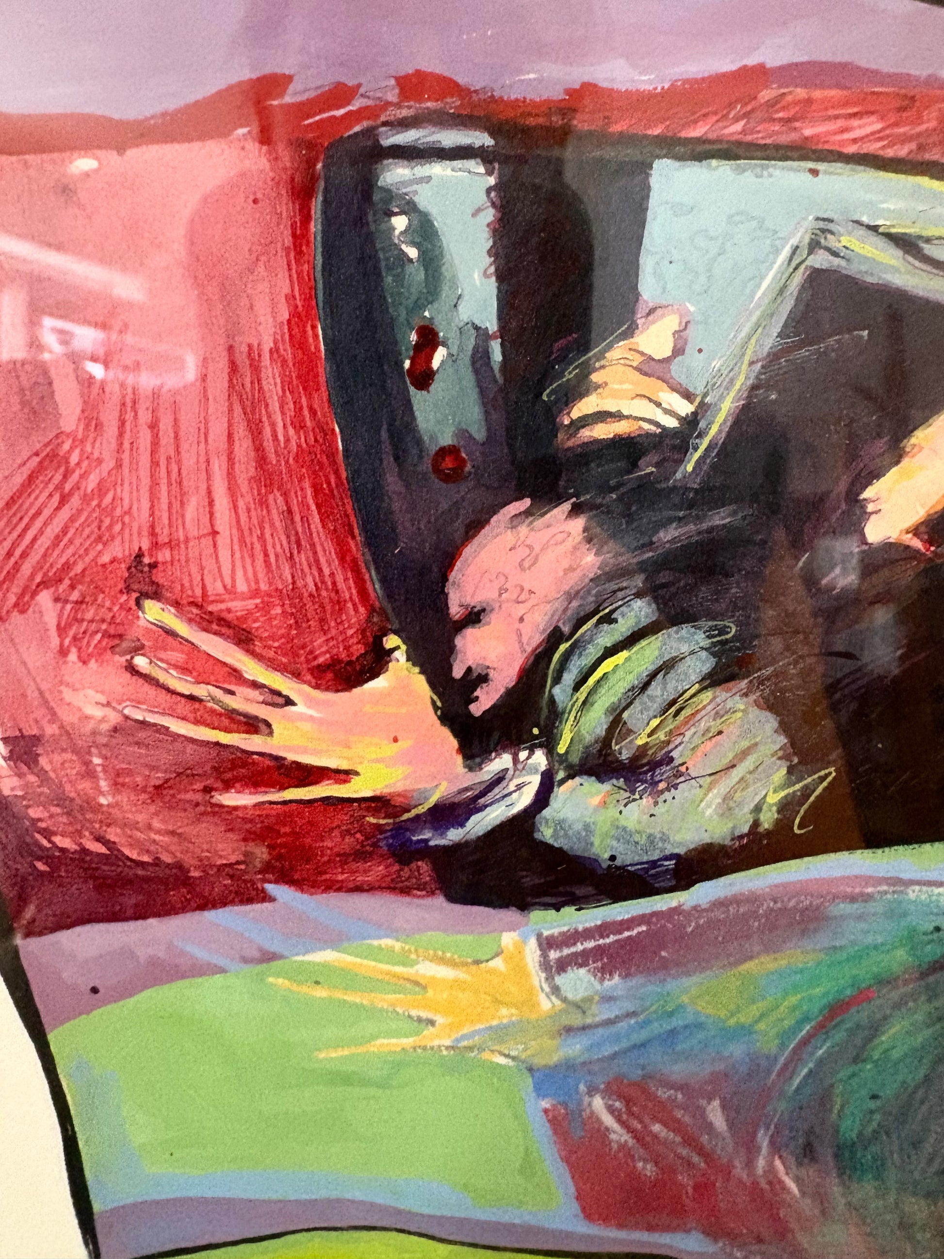 Original mixed media painting, signed, “Train Rush”, 1992, framed vintage art