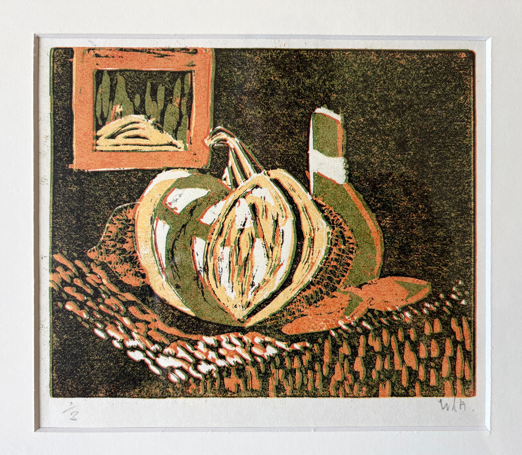 Vintage Lino print, still life, pumpkin, signed limited edition framed art