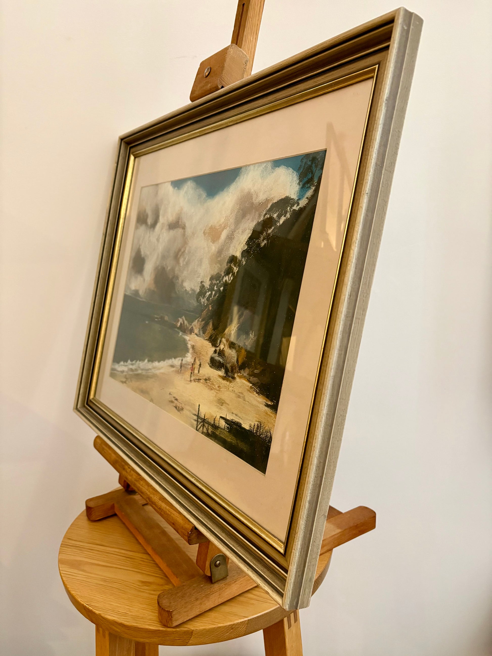 Original pastel drawing, Eden coast, bush fire, framed vintage Australian landscape artwork
