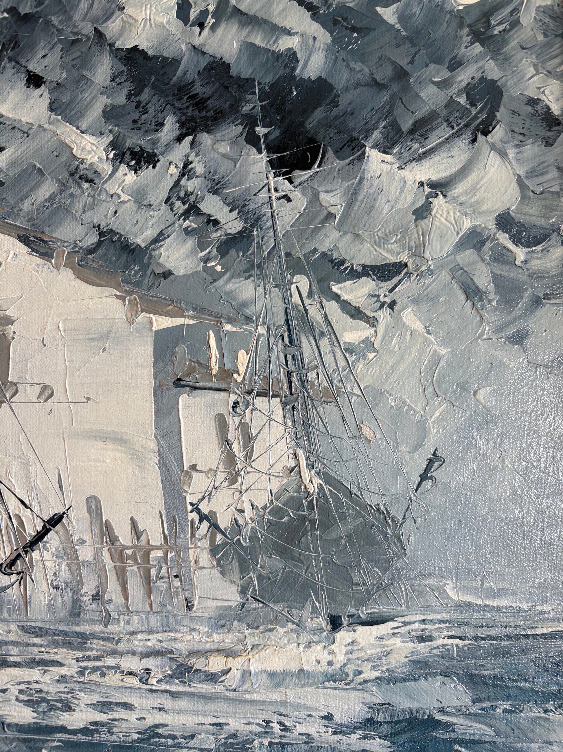 Mid century original oil painting on board, harbour, boats, vintage framed art