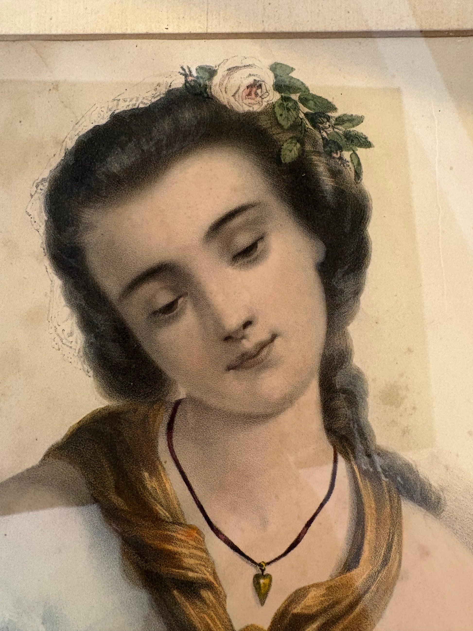 1850s Antique chromolithograph, portrait, woman with dove, love letter, framed art