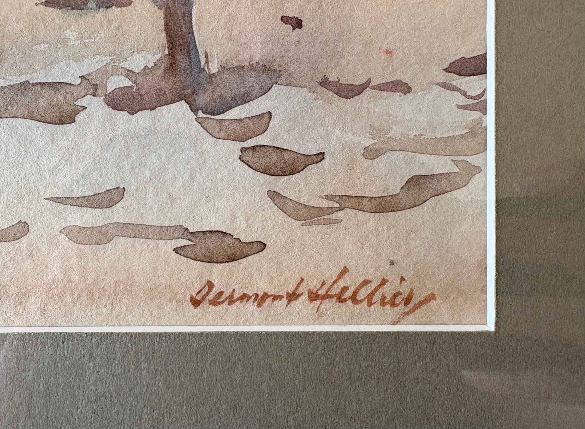 Mid Century original watercolour painting, Dermont Hellier, Australian beach, framed art