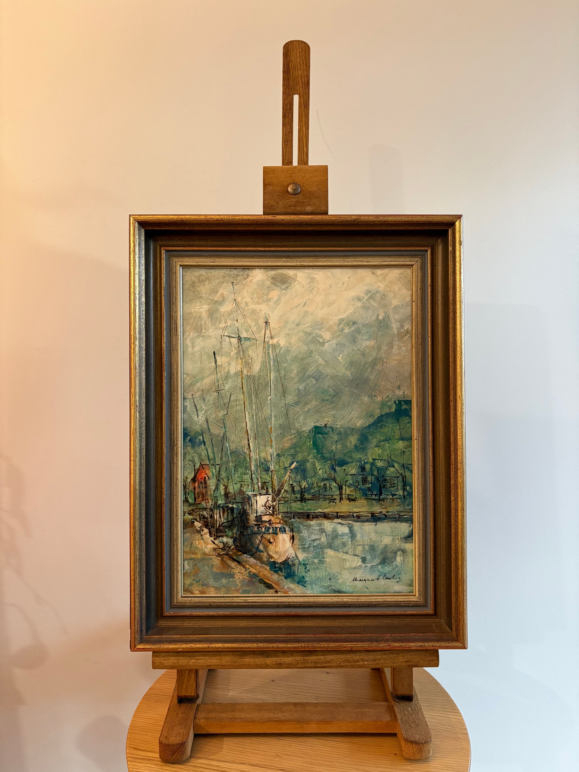 Vintage original oil painting on board, Margaret Cowling, fishing boats, jetty, seaside, framed art