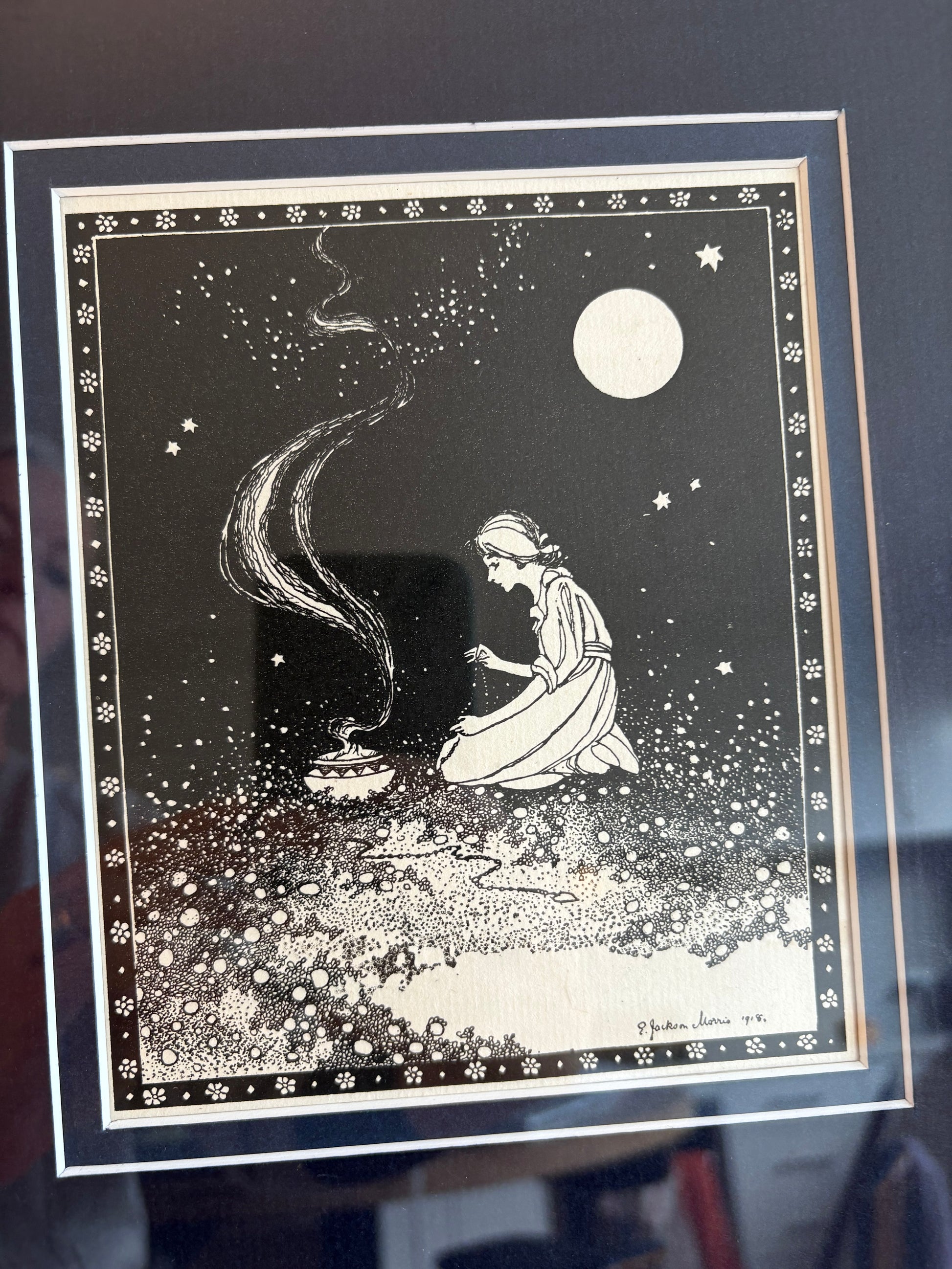 1921 Antique print, Ether Jackson-Morris, "The White Butterfly", framed art, Art Deco